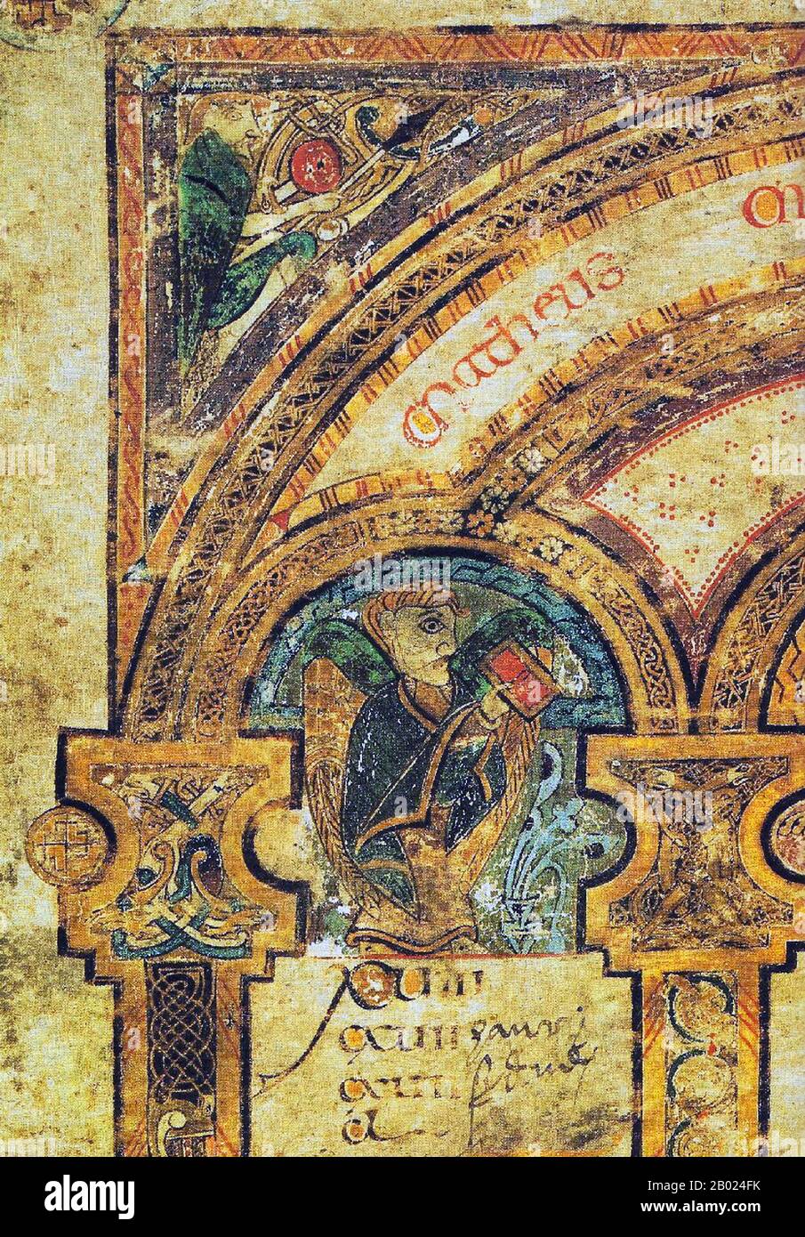 Irlanda/Scozia: Una pagina dal canone eusabiano (dettaglio). Il Libro di Kells, c. 800 d.C. Il Libro di Kells (irlandese: Leabhar Cheanannais) (Dublino, Trinity College Library, MS A. I. (58), a volte noto come il Libro di Columba) è un manoscritto miniato evangelico in latino, contenente i quattro Vangeli del nuovo Testamento insieme a vari testi e tabelle prefatori. Fu creato dai monaci celtici intorno al 800 o poco prima. Il testo dei Vangeli è in gran parte tratto dalla Vulgata, anche se include anche diversi passaggi tratti da versioni precedenti della Bibbia. Foto Stock