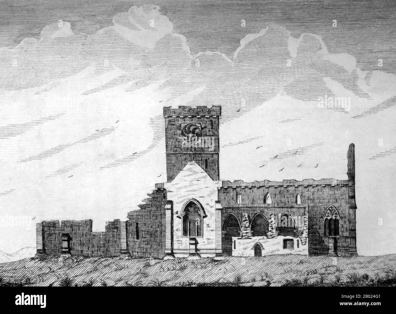 Scozia: Incisione della cattedrale in rovina a Iona, da Archaeologia Scotica volume 1, 1792. L'Abbazia di Iona si trova sull'Isola di Iona, appena fuori dall'Isola di Mull sulla costa occidentale della Scozia. È uno dei più antichi e importanti centri religiosi dell'Europa occidentale. L'abbazia fu un punto focale per la diffusione del cristianesimo in tutta la Scozia e segna la fondazione di una comunità monastica da parte di San Colomba, quando Iona faceva parte del regno di Dál Riata. Foto Stock