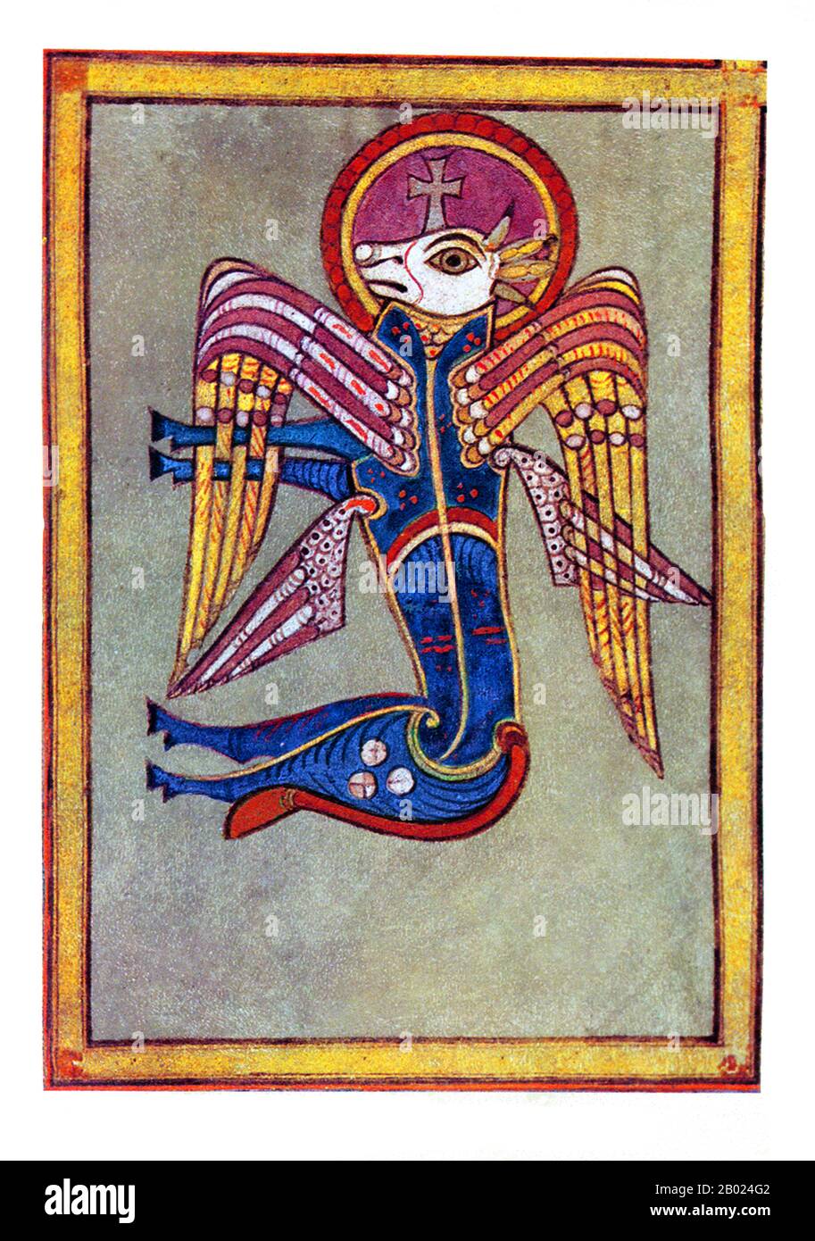 Irlanda/Scozia: Dettaglio, i simboli evangelici. San Luca come bue. Contr. 27 V. il Libro di Kells, c. 800 d.C. Il Libro di Kells (irlandese: Leabhar Cheanannais) (Dublino, Trinity College Library, MS A. I. (58), a volte noto come il Libro di Columba) è un manoscritto miniato evangelico in latino, contenente i quattro Vangeli del nuovo Testamento insieme a vari testi e tabelle prefatori. Fu creato dai monaci celtici intorno al 800 o poco prima. Il testo dei Vangeli è in gran parte tratto dalla Vulgata, anche se include anche diversi passaggi tratti da versioni precedenti della Bibbia. Foto Stock