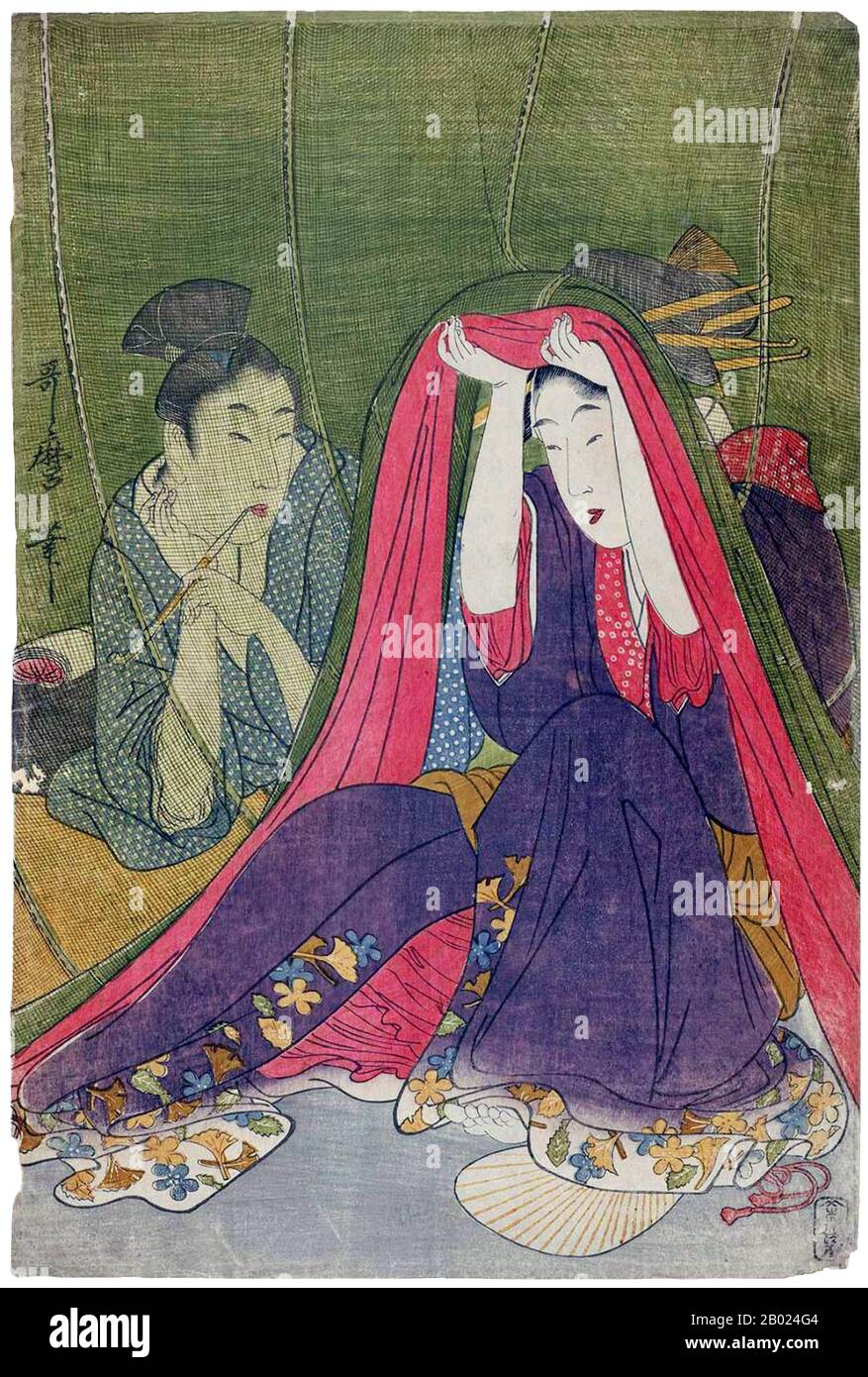 Giappone: "Emerging from a Mosquito Net". Un paio, l'uomo che fuma una pipa e una donna che solleva la zanzariera. Ukiyo-e Woodblock print di Kitagawa Utamaro (1753 - 31 ottobre 1806), c. 1797-1800. Kitagawa Utamaro è stato un incisore e pittore giapponese, considerato uno dei più grandi artisti di stampe in legno (ukiyo-e). È noto soprattutto per i suoi studi magistralmente composti sulle donne, noti come bijinga. Ha anche prodotto studi sulla natura, in particolare libri illustrati di insetti. Foto Stock