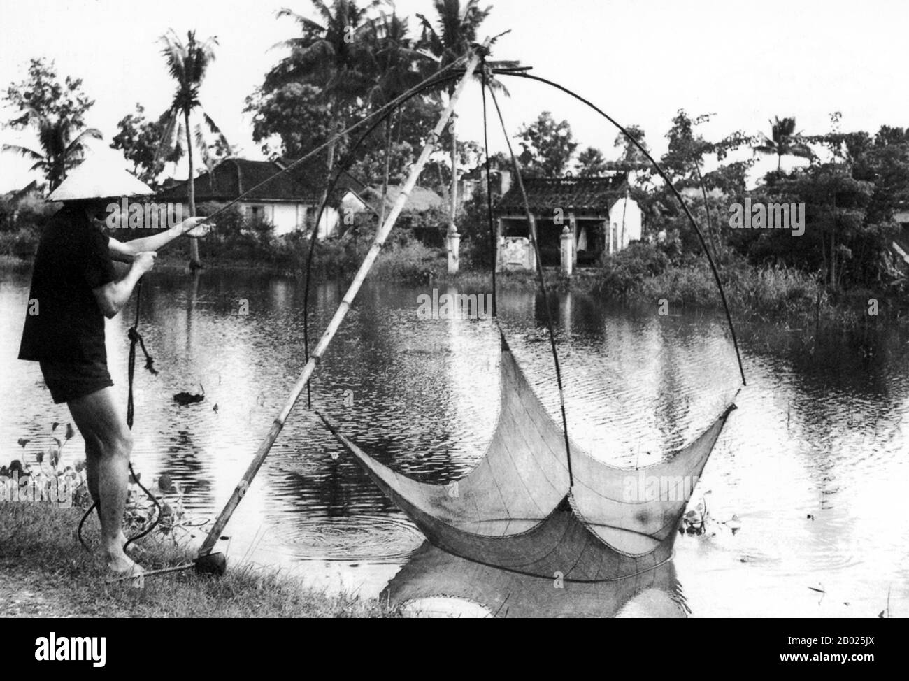 Vietnam: Pescatore locale sul fiume vicino a Hoi An, 1950. La piccola ma storica città di ho An si trova sul fiume Thu Bon, 30 km a sud di Danang. Durante il tempo dei signori Nguyen (1558-1777) e anche sotto i primi imperatori Nguyen, Hoi An - allora conosciuto come Faifo - era un porto importante, visitato regolarmente da navi provenienti dall'Europa e da tutto l'Oriente. Verso la fine del XIX secolo, l'insabbiamento del fiume Thu Bon e lo sviluppo della vicina Danang si erano combinati per rendere Hoi An un'acqua arretrata. Foto Stock