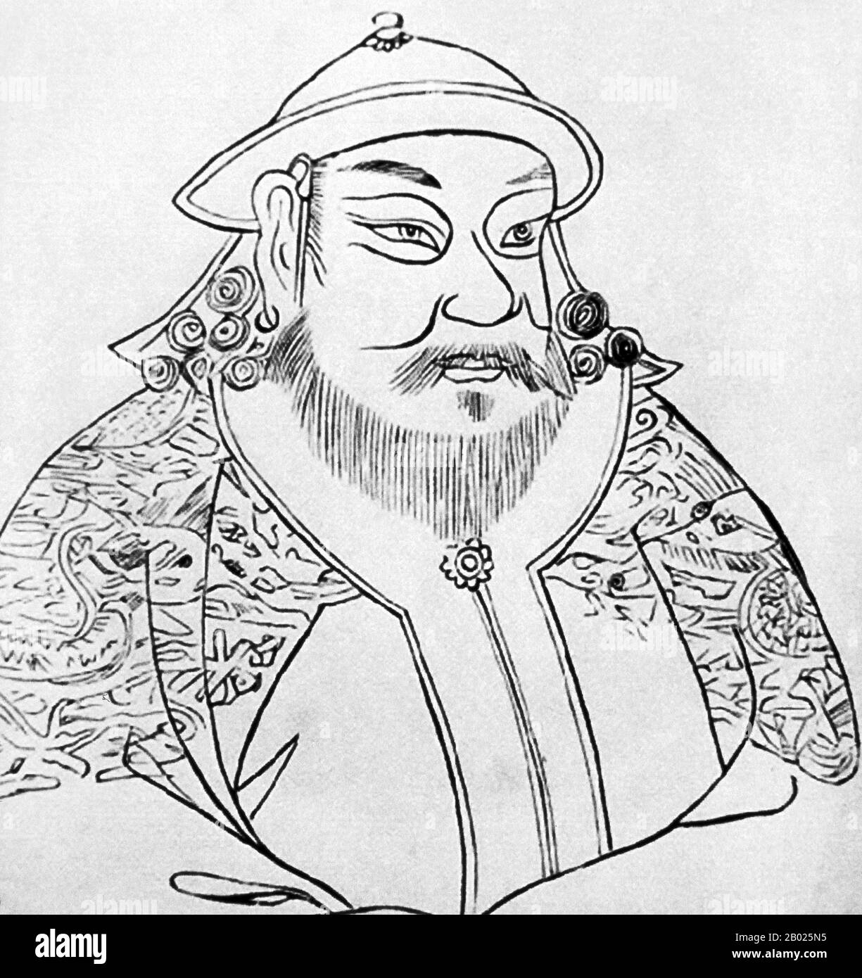 Mongolia/Cina: Kublai Khan (23 settembre 1215 - 18 febbraio 1294), V Khagan dell'Impero mongolo. Fondatore e primo imperatore Yuan Shizu. Disegno dello schizzo, 1903. Kublai (o Khubilai) Khan fu il quinto Gran Khan dell'Impero mongolo dal 1260 al 1294 e il fondatore della dinastia Yuan in Asia orientale. Come secondo figlio di Tolui e Sorghaghtani Beki e nipote di Gengis Khan, rivendicò il titolo di Khagan dell'Ikh Mongol ULS (Impero mongolo). Nel 1271, Kublai fondò la dinastia Yuan, che a quel tempo governava l'attuale Mongolia, Tibet, Turkestan orientale e zone della Cina. Foto Stock