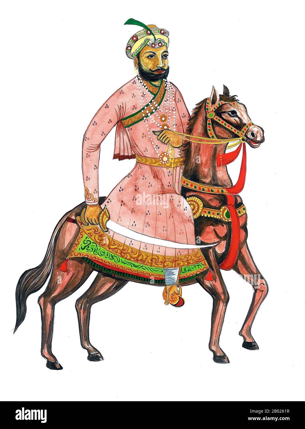 India: Samrat Hem Chandra Vikramaditya (1501 - 5 novembre 1556), maharaja indù dell'India settentrionale, a cavallo. Samrat Hem Chandra Vikramaditya (noto anche come Hemu Vikramaditya, Raja Vikramaditya o semplicemente Hemu) è stato un imperatore indù dell'India settentrionale durante il XVI secolo, un periodo in cui i moghul e gli afghani erano in lotta per il potere nella regione. Figlio di un sacerdote indù, Hemu divenne capo dell'esercito e primo ministro di Adil Shah Suri della dinastia Suri. Salì al trono di Delhi il 7 ottobre 1556, assumendo il titolo di Vikramaditya che era stato adottato dai precedenti re indù. Foto Stock