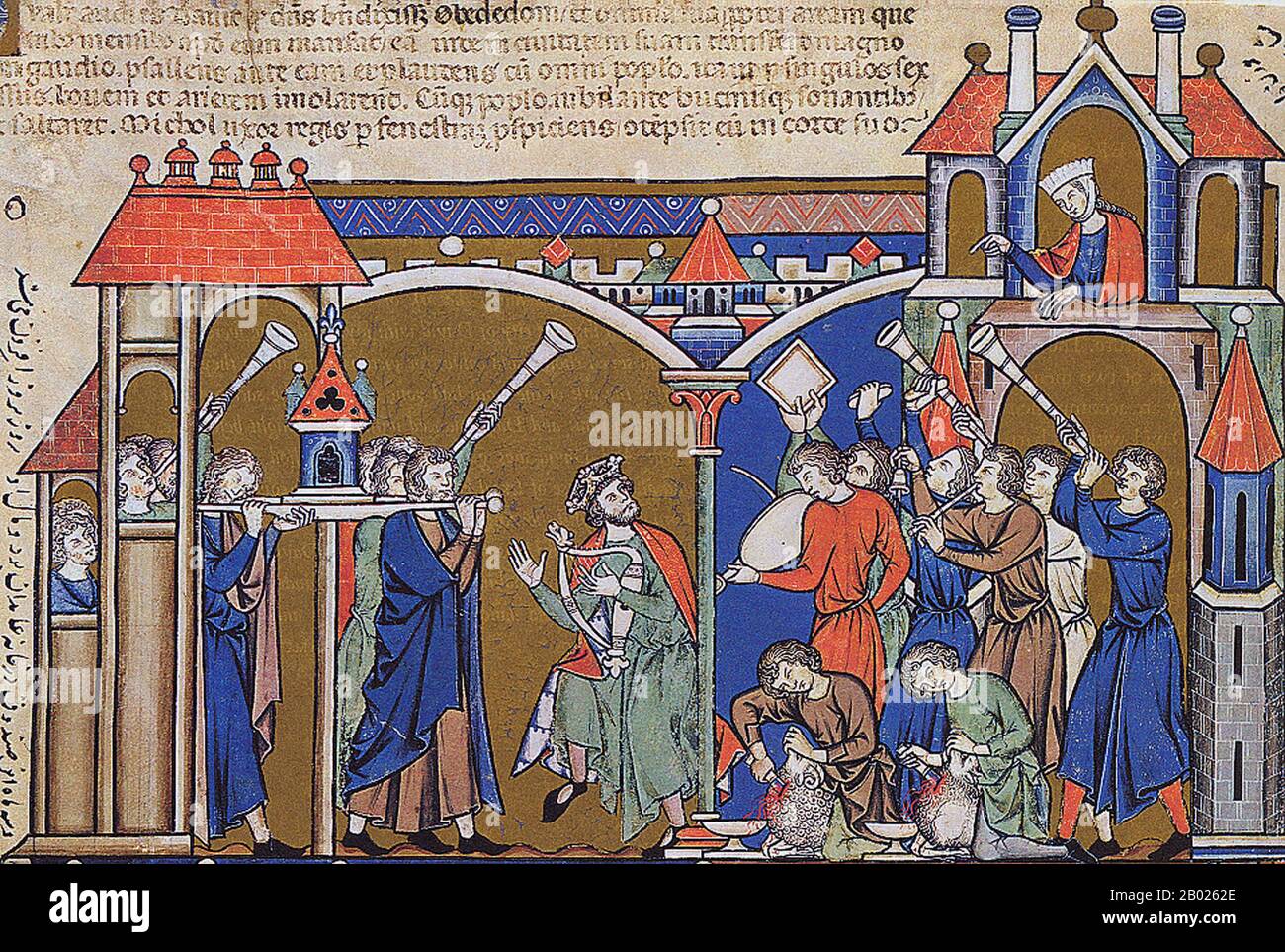 Israele/Palestina/Francia: Pittura in miniatura dalla Bibbia Morgan di David che danzava come l'Arca è portata a Gerusalemme (2 Samuele 6), c. 1240-1250 All'inizio del suo regno, re Davide rimosse l'Arca da Kirjath-jearim in mezzo a grandi gioie. Sulla strada per Sion, Uzzah, uno dei conducenti del carro su cui era stata trasportata l'Arca, mise la mano per fermare l'Arca, e fu colpito da Dio per averla toccata. Davide, nel terrore, portò l'Arca da parte nella casa di Obed-Edom il Gittita, invece di portarla a Sion, e lì rimase tre mesi (2 Samuele 6, 1-11; 1 Cronache 13, 1-13) Foto Stock