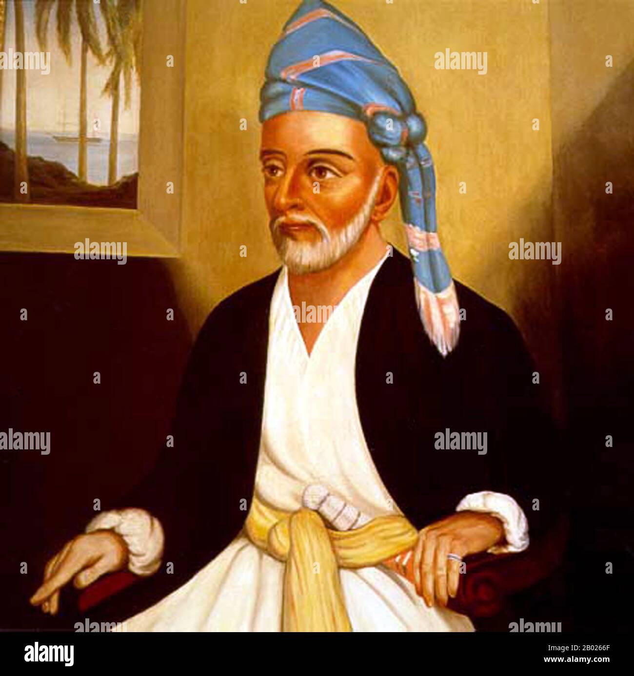 Oman: Sayyid bin Sultan al-Said (5 giugno 1797 - 19 ottobre 1856), sultano di Mascate e Oman. Pittura a olio su tela, forse di William F. Lynch (1801-1865), c. 1855. (Sayyid) Said bin Sultan al-Said fu sultano di Mascate e Oman dal 20 novembre 1804 al 4 giugno 1856. Divenne sovrano congiunto del paese insieme a suo fratello Salim alla morte del loro padre, Sultan bin Ahmad, nel 1804. Said privò suo fratello del governo congiunto il 14 settembre 1806. Nel 1834, accettò un trattato con gli Stati Uniti a condizioni molto favorevoli. Nel 1837 conquistò Mombasa, in Kenya. Foto Stock