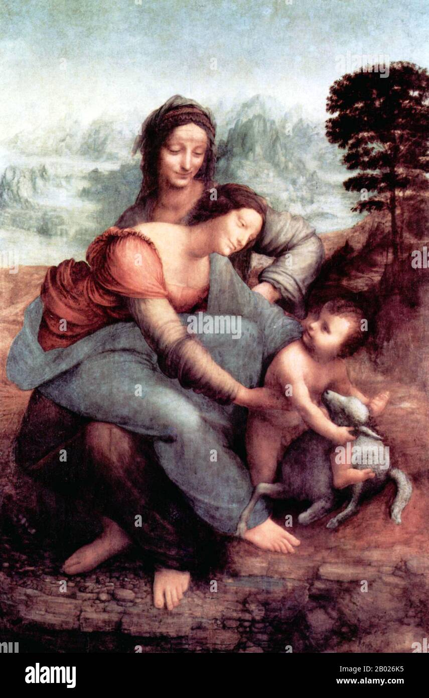 Leonardo di ser Piero da Vinci (Roma, 15 aprile 1452 – Roma, 2 maggio 1519) è stato un . Il suo genio, forse più di quello di qualsiasi altra figura, incarnò l'ideale umanista rinascimentale. Leonardo è stato spesso descritto come l'archetipo dell'uomo rinascimentale, un uomo di curiosità inestinguibile e di immaginazione febbrilmente inventiva. Egli è ampiamente considerato uno dei più grandi pittori di tutti i tempi e forse la persona più talentuosa mai Foto Stock