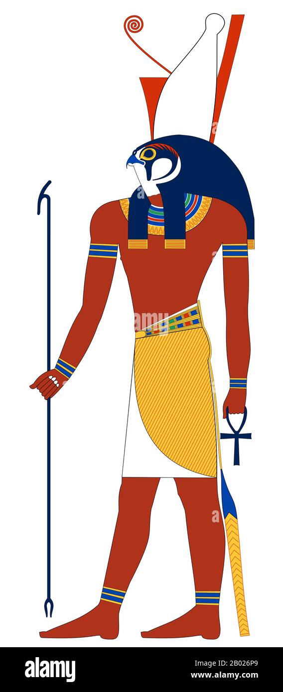Egitto: Horus è una delle divinità più antiche e significative dell'antica religione egizia. Fu adorato almeno dal tardo periodo predinastico fino all'epoca greco-romana. Jeff Dahl (licenza CC BY-SA 4,0). Horus era spesso il dio patrono nazionale degli antichi Egizi. Di solito era raffigurato come un uomo dalla testa di falco che indossava il pschent, una corona rossa e bianca, come simbolo di regalità sull'intero regno d'Egitto. Foto Stock