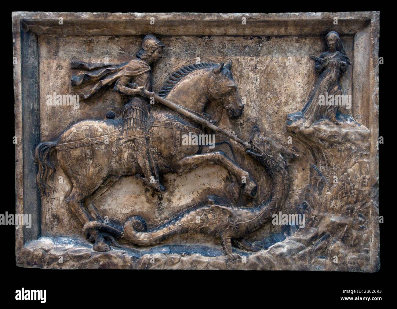 Italia: San Giorgio e il Drago, da una casa vicino al Ponte dei Bareteri, Venezia, 1500 circa (Victoria and Albert Museum, Londra). San Giorgio e il Drago spesso apparivano nelle case di Venezia appartenenti alla Scuola degli Schiavoni o ai suoi membri. San Giorgio era il santo patrono della Dalmazia, e la gilda fu istituita a beneficio dei mercanti slavi. Foto Stock