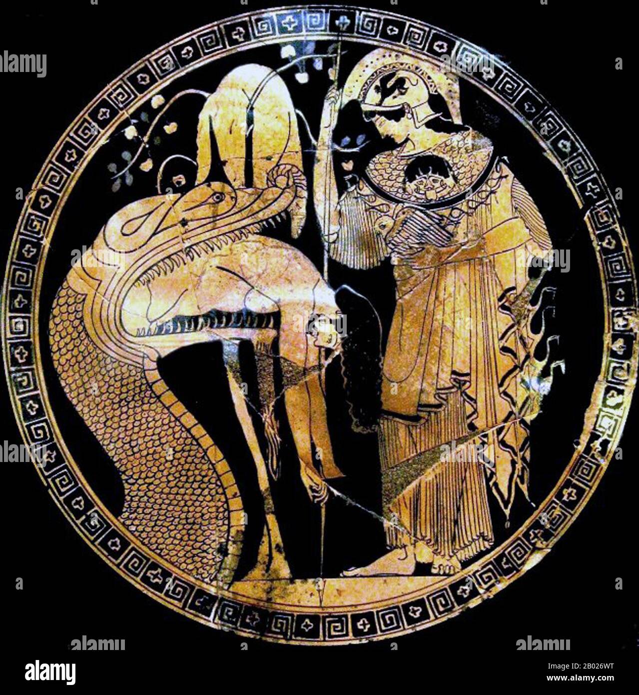 Grecia/Georgia: Il Drago Colchiano (che ha protetto il Toson d'oro). Jason emerge dalla bocca del drago mentre Athena guarda. Dipinto sulla coppa Douris di Douris (fl. 500-460 a.C.), c. 480-470 a.C. Nell'antica geografia, Colchide o Kolkhis era un antico regno georgiano e regione della Georgia occidentale, che giocò un ruolo importante nella formazione etnica e culturale della nazione georgiana. Il Regno di Colchide contribuì in modo significativo allo sviluppo dello stato georgiano medievale dopo la sua unificazione con il regno georgiano orientale di Iberia. Foto Stock