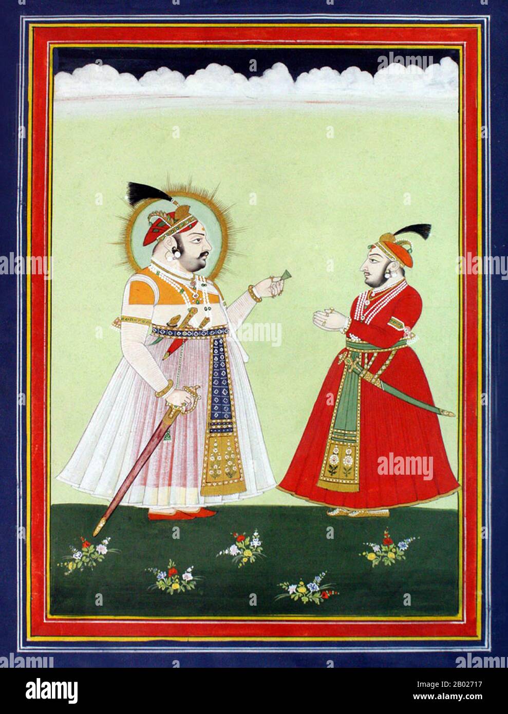 India: Ritratto del Maharana Jagat Singh II di Mewar (r. 1734-1751), Udaipur, Rajasthan, XVIII secolo. Udaipur, conosciuta anche come la città dei laghi, è una città e il quartier generale amministrativo del distretto di Udaipur nello stato del Rajasthan nell'India occidentale. Si trova 403 chilometri (250 mi) a sud-ovest della capitale dello stato, Jaipur, 248 km (154 mi) a ovest di Kota e 250 km (155 mi) a nord-est di Ahmedabad. Udaipur è la capitale storica del regno di Mewar nell'ex Rajputana Agency. Il clan Guhils (Sisodia) governò il Mewar e la sua capitale fu spostata da Chittorgarh a Udaipur. Foto Stock