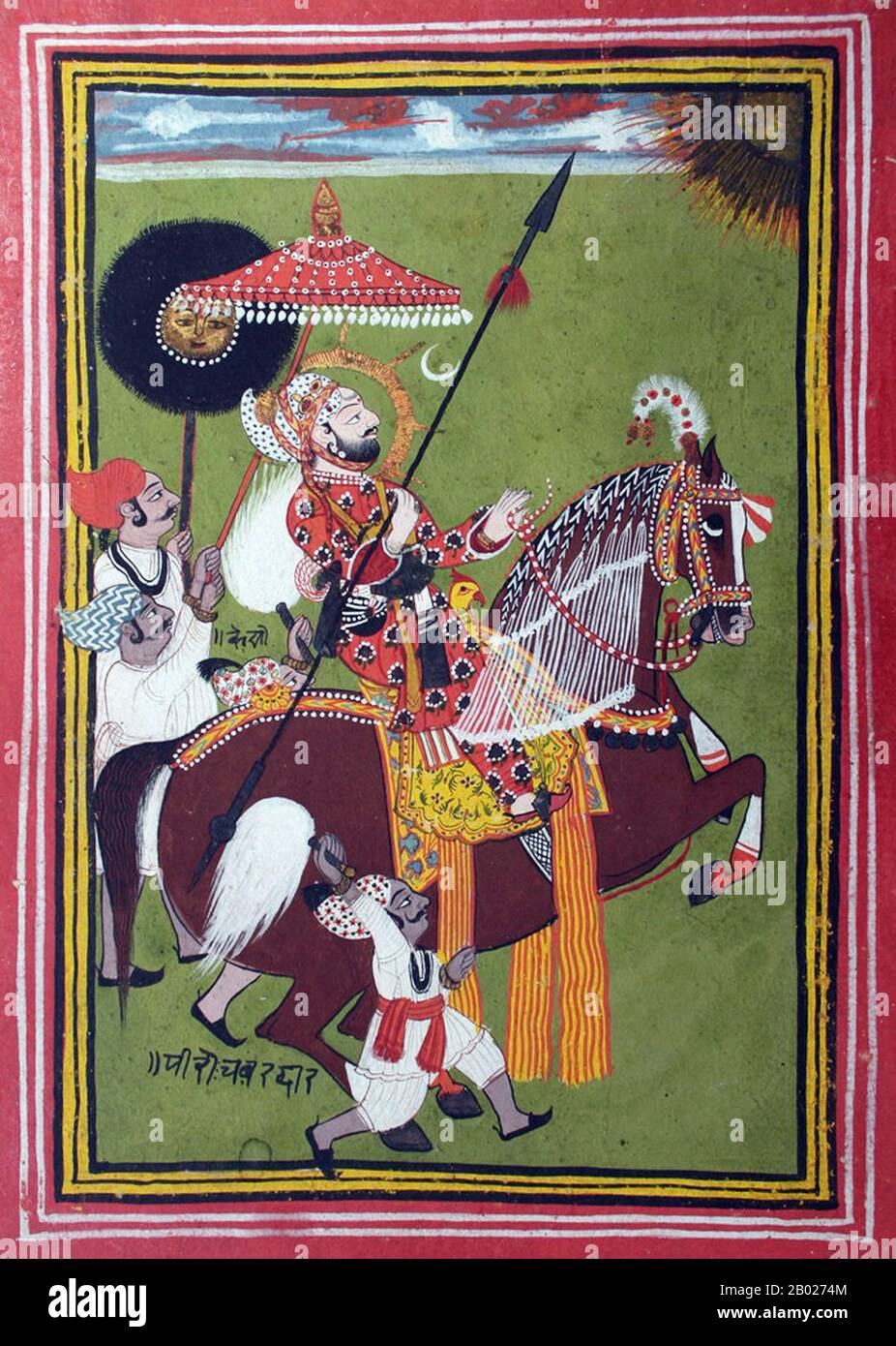 India: Ritratto equestre di Ari Singh II (r. 1761-1773), Maharana di Udaipur, Rajasthan, Mewar. Pittura ad acquerello in miniatura, c. 1820-1840. Udaipur, conosciuta anche come la città dei laghi, è una città e il quartier generale amministrativo del distretto di Udaipur nello stato del Rajasthan nell'India occidentale. Si trova 403 chilometri (250 mi) a sud-ovest della capitale dello stato, Jaipur, 248 km (154 mi) a ovest di Kota e 250 km (155 mi) a nord-est di Ahmedabad. Udaipur è la capitale storica del regno di Mewar nell'ex Rajputana Agency. Foto Stock