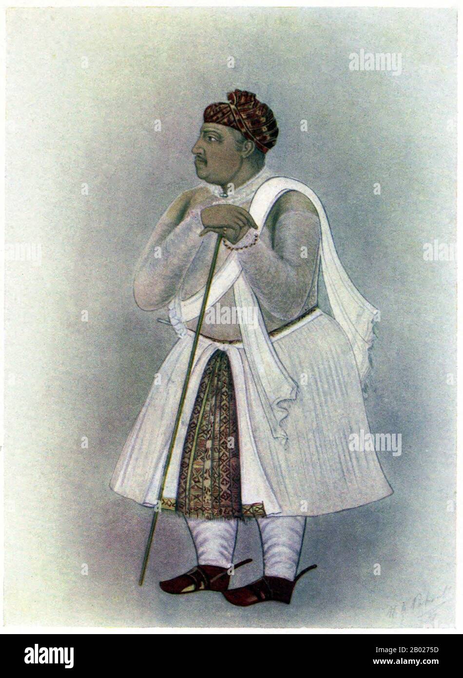 India: Man Singh Ji Saheb (21 dicembre 1550 - 6 luglio 1614), Raja di Amber, Rajasthan. Illustrazione, 1915. Raja Shri Man Singh Ji Saheb (Man Singh i) fu il re Kacchwaha di Amber, uno stato più tardi conosciuto come Jaipur. Era un generale fidato dell'imperatore moghul Akbar, che lo includeva tra i Navaratnas, o le 9 gemme (nava) (ratna) della corte reale. Amber era una città dello stato del Rajasthan, in India, ora fa parte della Jaipur Municipal Corporation. Fondata dai Meena Raja Alan Singh, Amber era un fiorente insediamento già nel 967 d.C. Foto Stock