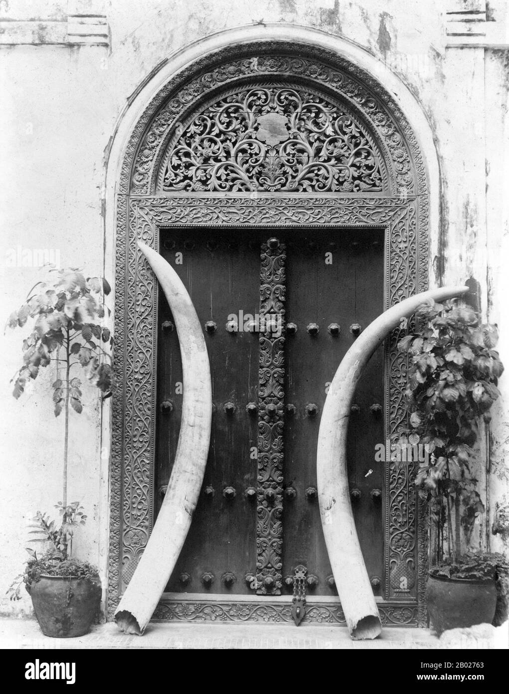 Tanzania/Zanzibar: Due zanne di elefante bilanciate contro una porta ornata di Zanzibari. Foto di Frank G. Carpenter (1855-1924), c. 1915-1927. Zanzibar è una parte semi-autonoma della Tanzania nell'Africa orientale. È composto dall'arcipelago di Zanzibar nell'Oceano Indiano, 25-50 km (16-31 miglia) al largo della costa continentale, ed è costituito da numerose piccole isole e due grandi: Unguja (l'isola principale, indicata informalmente come Zanzibar), e Pemba. La capitale di Zanzibar, situata sull'isola di Unguja, è Zanzibar City. Il suo centro storico, conosciuto come Stone Town, è un sito Patrimonio dell'Umanità. Foto Stock