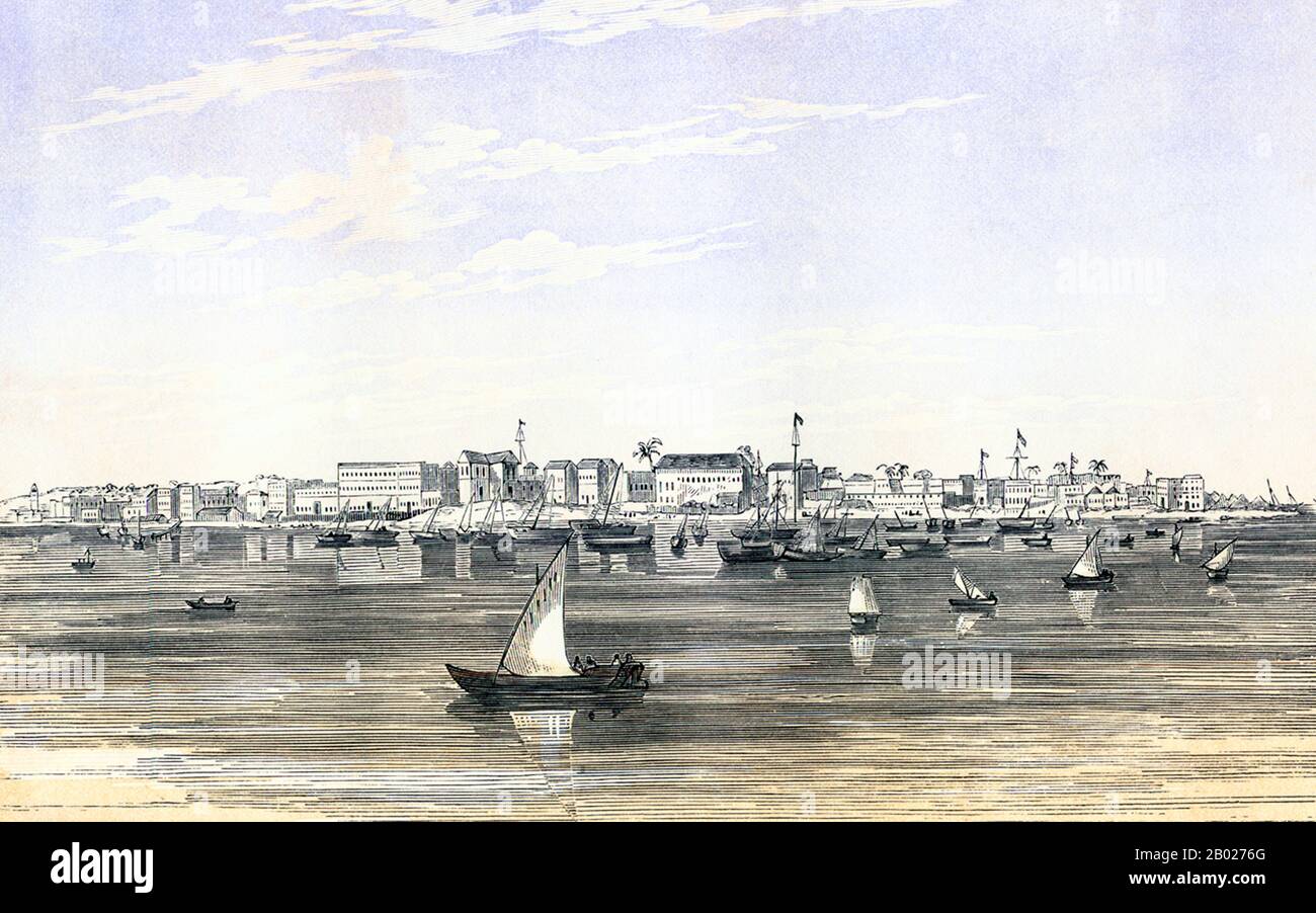 Tanzania/Zanzibar: "Zanzibar Town from the Sea". Incisione da "The Lake Regions of Central Africa, A Picture of Exploration" di Sir Richard Francis Burton (19 marzo 1821 - 20 ottobre 1890), 1860. Zanzibar è una parte semi-autonoma della Tanzania nell'Africa orientale. È composto dall'arcipelago di Zanzibar nell'Oceano Indiano, 25-50 km (16-31 miglia) al largo della costa continentale, ed è costituito da numerose piccole isole e due grandi: Unguja (l'isola principale, indicata informalmente come Zanzibar) e Pemba. La capitale di Zanzibar, situata sull'isola di Unguja, è Zanzibar City. Foto Stock