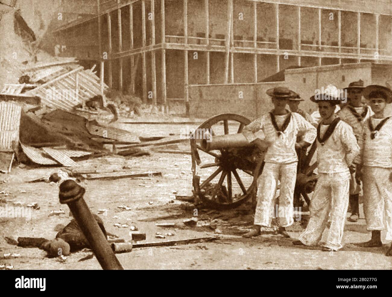 La guerra anglo-Zanzibar fu combattuta tra il Regno Unito e il Sultanato di Zanzibar il 27 agosto 1896. Il conflitto durò circa 40 minuti ed è la guerra più breve della storia. La causa immediata della guerra fu la morte del pro-British Sultan Hamad bin Thuwaini il 25 agosto 1896 e la successiva successione del Sultano Khalid bin Barghash. Le autorità britanniche hanno preferito Hamud bin Muhammed, che era più favorevole agli interessi britannici, come sultan. In conformità con un trattato firmato nel 1886, una condizione per l'adesione al sultanato era che il candidato ottenere il permesso del Foto Stock