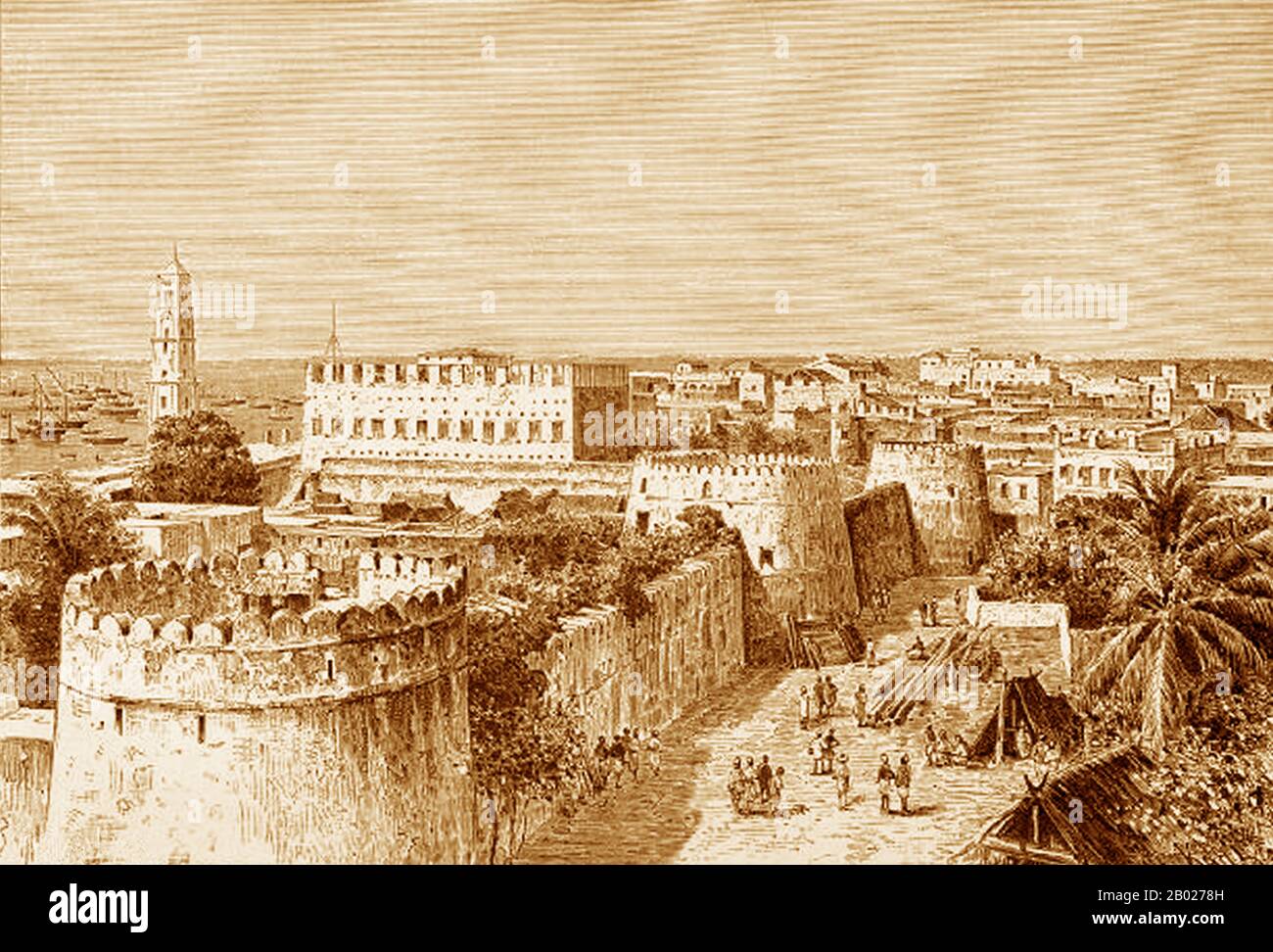 Tanzania/Zanzibar: Vista su Stone Town. Incisione da "Africa" di Élisee Reclus (1830-1905) e Augustus Henry Keane (1833-1912), c. 1893. Zanzibar è una parte semi-autonoma della Tanzania nell'Africa orientale. È composto dall'arcipelago di Zanzibar nell'Oceano Indiano, 25-50 km (16-31 miglia) al largo della costa continentale, ed è costituito da numerose piccole isole e due grandi: Unguja (l'isola principale, indicata informalmente come Zanzibar) e Pemba. La capitale di Zanzibar, situata sull'isola di Unguja, è Zanzibar City. Il suo centro storico, conosciuto come Stone Town, è un sito Patrimonio dell'Umanità. Foto Stock Tanzania/Zanzibar: Vista su Stone Town. Incisione da "Africa" di Élisee Reclus (1830-1905) e Augustus Henry Keane (1833-1912), c. 1893. Zanzibar è una parte semi-autonoma della Tanzania nell'Africa orientale. È composto dall'arcipelago di Zanzibar nell'Oceano Indiano, 25-50 km (16-31 miglia) al largo della costa continentale, ed è costituito da numerose piccole isole e due grandi: Unguja (l'isola principale, indicata informalmente come Zanzibar) e Pemba. La capitale di Zanzibar, situata sull'isola di Unguja, è Zanzibar City. Il suo centro storico, conosciuto come Stone Town, è un sito Patrimonio dell'Umanità. Foto Stock