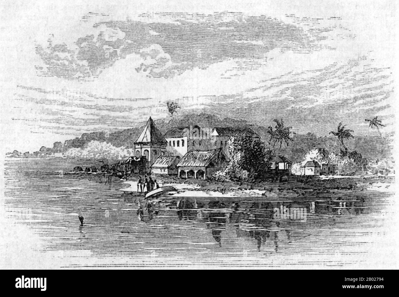 Tanzania/Zanzibar: Palazzo Mtoni, costruito dal sultano Majid bin Said (r. 1856-1870) e successivamente abbandonato. Incisione, circa 1860 anni Zanzibar è una parte semi-autonoma della Tanzania nell'Africa orientale. È composto dall'arcipelago di Zanzibar nell'Oceano Indiano, 25-50 km (16-31 miglia) al largo della costa continentale, ed è costituito da numerose piccole isole e due grandi: Unguja (l'isola principale, indicata informalmente come Zanzibar), e Pemba. La capitale di Zanzibar, situata sull'isola di Unguja, è Zanzibar City. Il suo centro storico, conosciuto come Stone Town, è un sito Patrimonio dell'Umanità. Foto Stock
