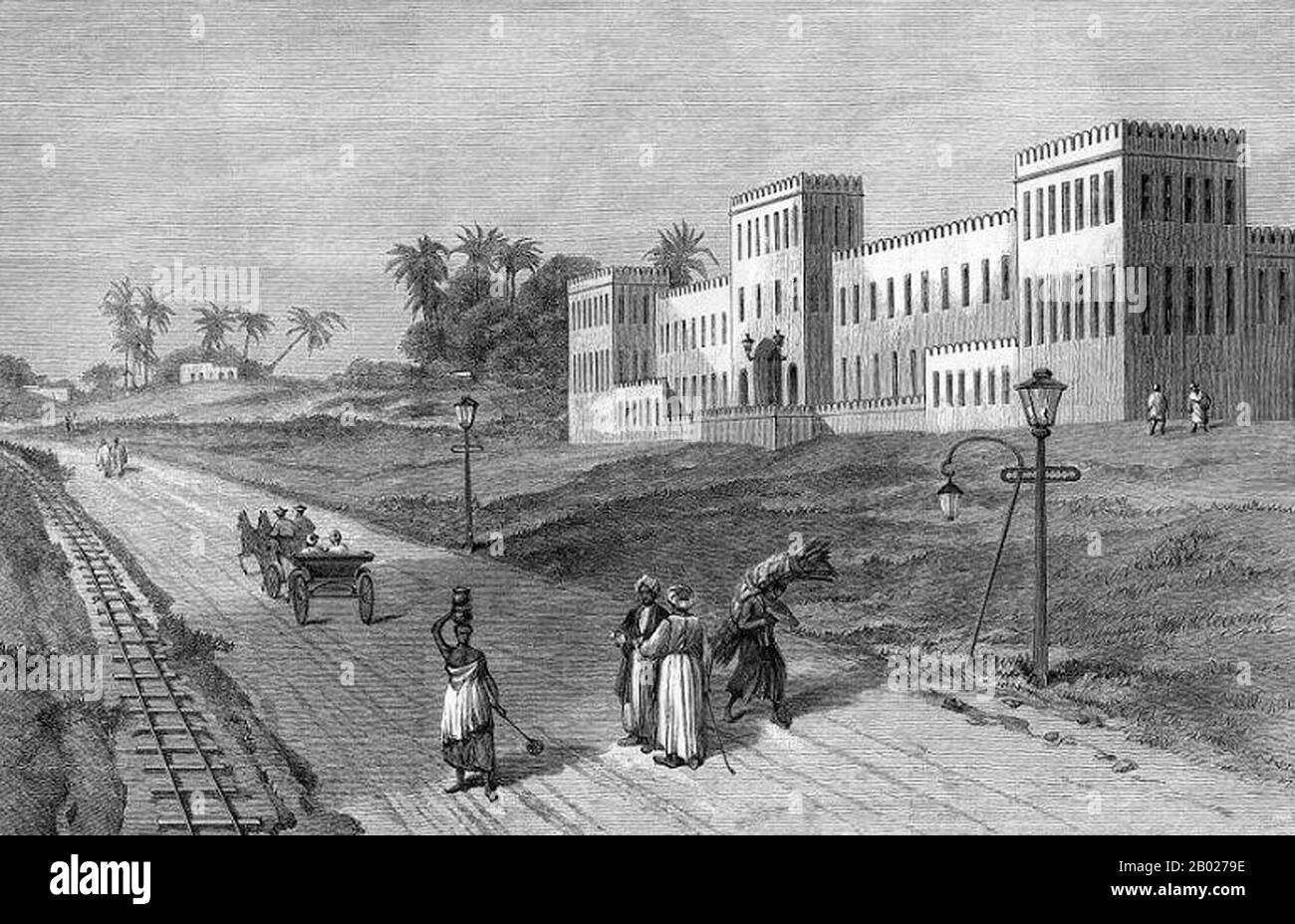 Tanzania/Zanzibar: Passeggiata sul lungomare con caserma del Sultano e linea ferroviaria. Incisione di William Algernon Churchill (1865-1947), c. 1888. Zanzibar è una parte semi-autonoma della Tanzania nell'Africa orientale. È composto dall'arcipelago di Zanzibar nell'Oceano Indiano, 25-50 km (16-31 miglia) al largo della costa continentale, ed è costituito da numerose piccole isole e due grandi: Unguja (l'isola principale, indicata informalmente come Zanzibar), e Pemba. La capitale di Zanzibar, situata sull'isola di Unguja, è Zanzibar City. Il suo centro storico, conosciuto come Stone Town, è un sito Patrimonio dell'Umanità. Foto Stock