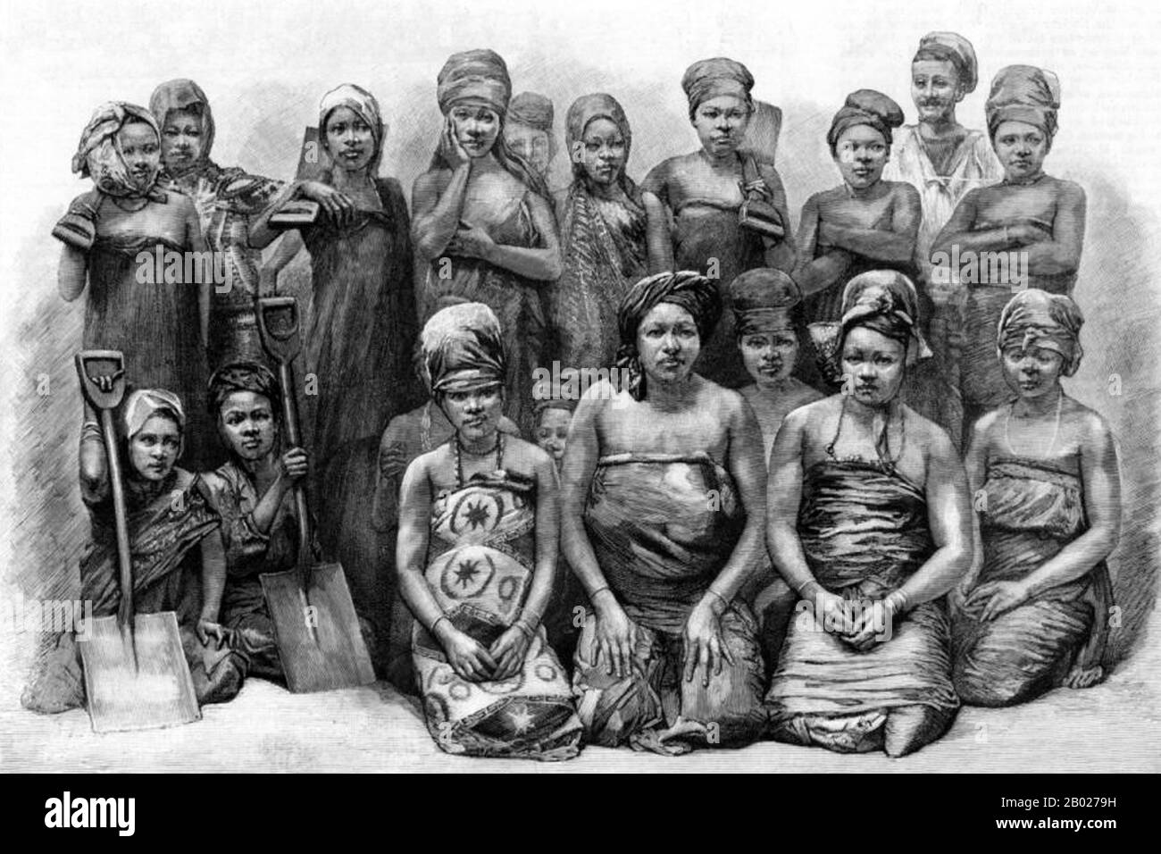 Tanzania/Zanzibar: "Schiavi domestici femminili che hanno cooperato la HMS Agamenon a Zanzibar nel 1875". Zanzibar è una parte semi-autonoma della Tanzania nell'Africa orientale. È composto dall'arcipelago di Zanzibar nell'Oceano Indiano, 25-50 km (16-31 miglia) al largo della costa continentale, ed è costituito da numerose piccole isole e due grandi: Unguja (l'isola principale, indicata informalmente come Zanzibar), e Pemba. La capitale di Zanzibar, situata sull'isola di Unguja, è Zanzibar City. Il suo centro storico, conosciuto come Stone Town, è un sito Patrimonio dell'Umanità. Foto Stock