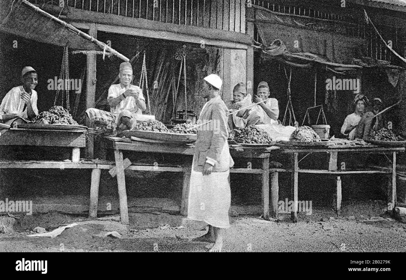 Tanzania/Zanzibar: Un negozio di appuntamenti a Stone Town, 1915 circa. Zanzibar è una parte semi-autonoma della Tanzania nell'Africa orientale. È composto dall'arcipelago di Zanzibar nell'Oceano Indiano, 25-50 km (16-31 miglia) al largo della costa continentale, ed è costituito da numerose piccole isole e due grandi: Unguja (l'isola principale, indicata informalmente come Zanzibar), e Pemba. La capitale di Zanzibar, situata sull'isola di Unguja, è Zanzibar City. Il suo centro storico, conosciuto come Stone Town, è un sito Patrimonio dell'Umanità. Foto Stock