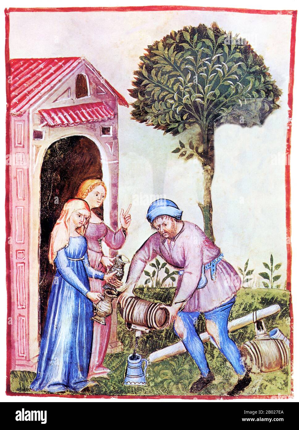 Iraq/Italia: Olio d'oliva (Oleum Oliue). Illustrazione del Taqwim al-sihah di Ibn Butlan o "mantenimento della salute" (Baghdad, XI secolo), pubblicato in Italia come Tacuinum Sanitatis nel XIV secolo. Il Tacuinum (a volte Taccuinum) Sanitatis è un manuale medievale sulla salute e il benessere, basato sul Taqwim al-sihha ("mantenimento della salute"), un trattato medico arabo dell'XI secolo di Ibn Butlan di Baghdad. Ibn Butlân era un medico cristiano nato a Baghdad e che morì nel 1068. Egli espone i sei elementi necessari per mantenere la salute quotidiana. Foto Stock