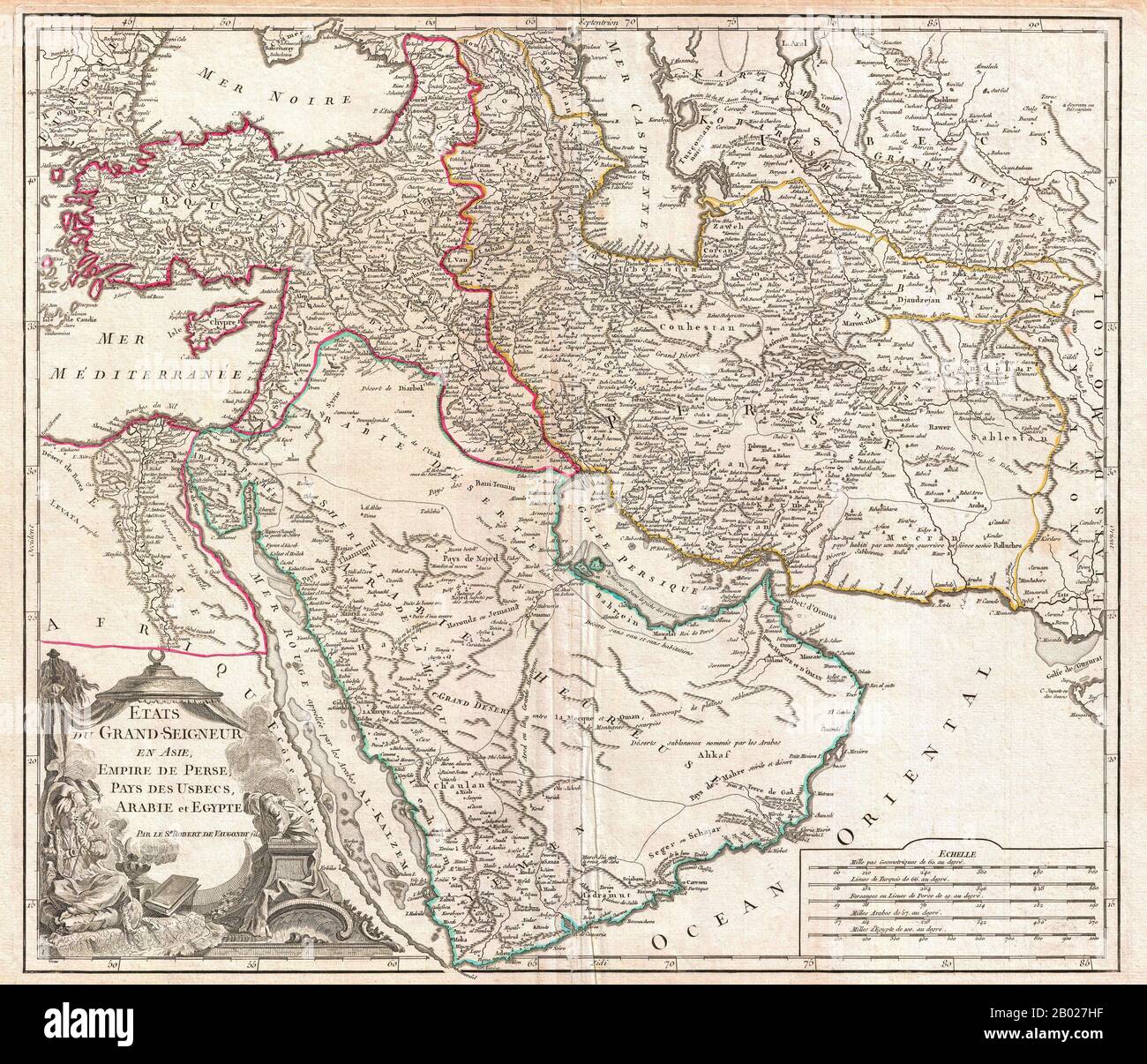 In questa mappa del 1753 dell'Impero Ottomano. Vaugondy mappa l'impero alla sua altezza, con il territorio che si estende dal Mar Nero all'estensione più meridionale dell'Arabia e ad ovest, compresa la Persia, fino all'Impero Mongolo dell'India. Ciò include le nazioni moderne di giorno della Turchia, dell'Egitto, dell'Arabia Saudita, dell'Oman, dello Yemen, degli Emirati Arabi Uniti, dell'Iran, dell'Iraq, del Kuwait, di Israele, della Palestina, della Giordania, della Siria, del Libano, dell'Armenia, dell'Azerbaigian, della Georgia e delle parti dell'Afghanistan, del Pakistan, dell'India, dell'Uzbekistan e della Grecia. Vaugondy utilizza tutte le informazioni geografiche più recenti del tempo che incorpora entrambi i francesi A. Foto Stock