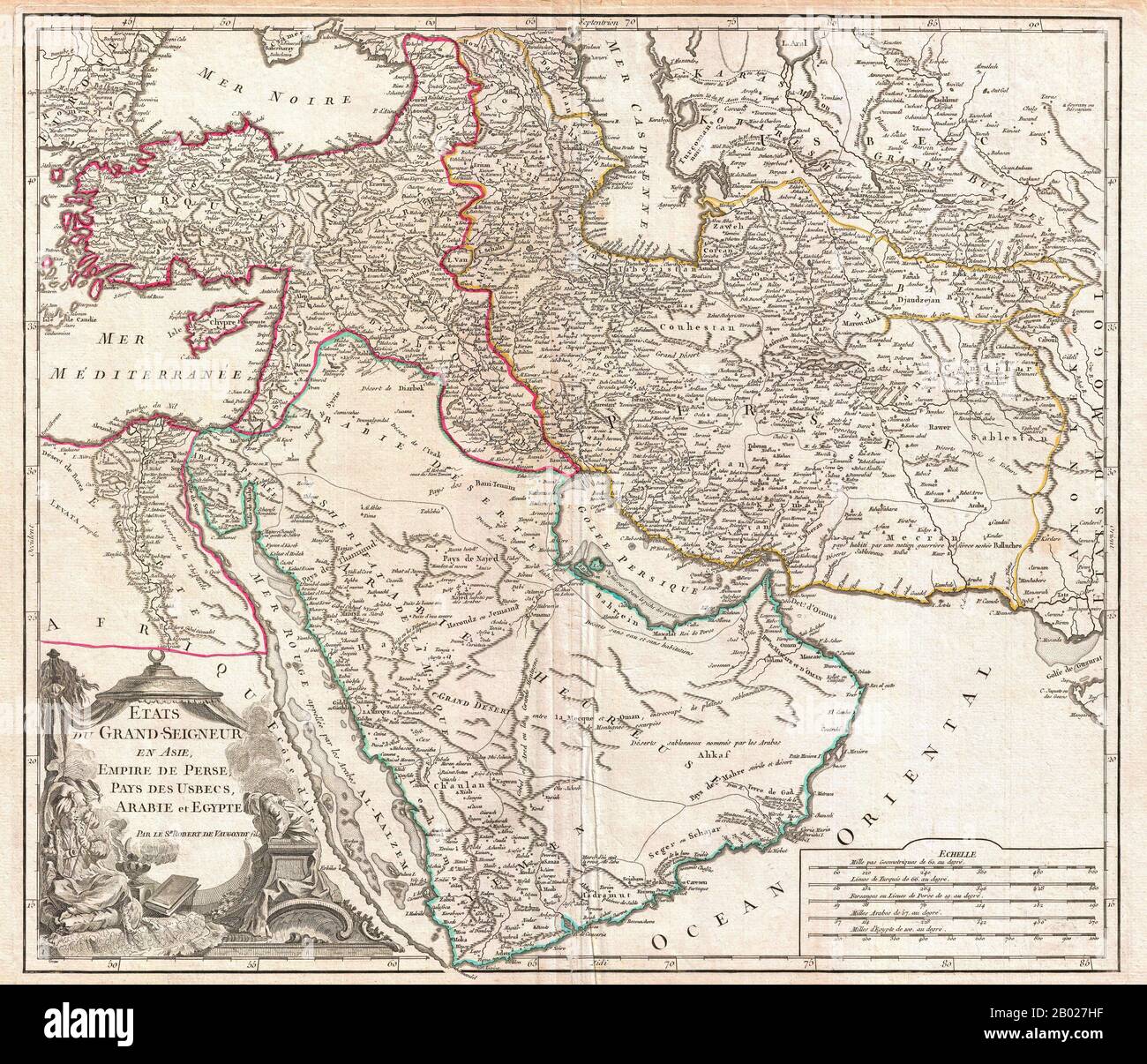 Medio Oriente: Mappa di Persia, Arabia e Turchia. Mappa di Robert de Vaugondy (1688-1766), 1753. In questa mappa del 1753 dell'Impero Ottomano. Vaugondy mappa l'impero al suo apice, con territori che si estendono dal Mar Nero all'estensione più meridionale dell'Arabia e dell'ovest, inclusa la Persia, fino all'Impero Moghul dell'India. Ciò include le moderne nazioni di Turchia, Egitto, Arabia Saudita, Oman, Yemen, Emirati Arabi Uniti, Iran, Iraq, Kuwait, Israele, Palestina, Giordania, Siria, Libano, Armenia, Azerbaigian, Georgia e parti di Afghanistan, Pakistan, India, Uzbekistan e Grecia. Foto Stock