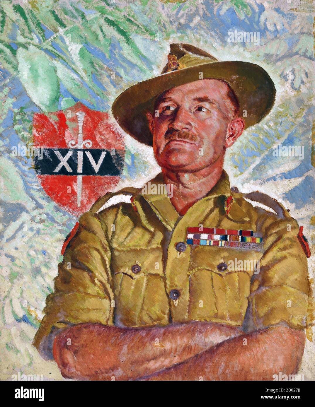 Birmania/Myanmar: Feldmaresciallo William Joseph 'Bill' Slim (6 agosto 1891 - 14 dicembre 1970), comandante della XIV Armata nella campagna birmana contro il Giappone imperiale (1942-1945). Pittura a olio su tela, c. 1945. Il feldmaresciallo William Joseph 'Bill' Slim, i visconte Slim KG GCB GCMG GCVO GBE DSO MC KS era un comandante militare britannico e il tredicesimo governatore generale dell'Australia. Combatté sia nella prima che nella seconda guerra mondiale e fu ferito in azione tre volte. Durante la seconda guerra mondiale guidò la XIV Armata, il cosiddetto "esercito dimenticato" nella campagna birmana. Foto Stock
