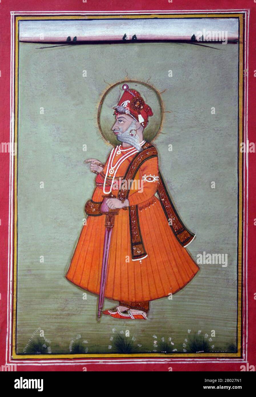 India: Sardar Singh (18 settembre 1818 - 16 maggio 1872), Maharaja di Bikaner, Rajasthan (r. 1851-1872). Pittura ad acquerello in miniatura, c. 1870. Bikaner è una città nel nord-ovest dello stato del Rajasthan, nel nord dell'India. Si trova a 330 chilometri (205 miglia) a nord-ovest della capitale dello stato, Jaipur. Bikaner City è la sede amministrativa del distretto di Bikaner e della divisione di Bikaner. In precedenza era la capitale dello stato principesco di Bikaner. La città è stata fondata nel 1486 e dalle sue piccole origini si è sviluppata nella quinta città più grande del Rajasthan. Foto Stock