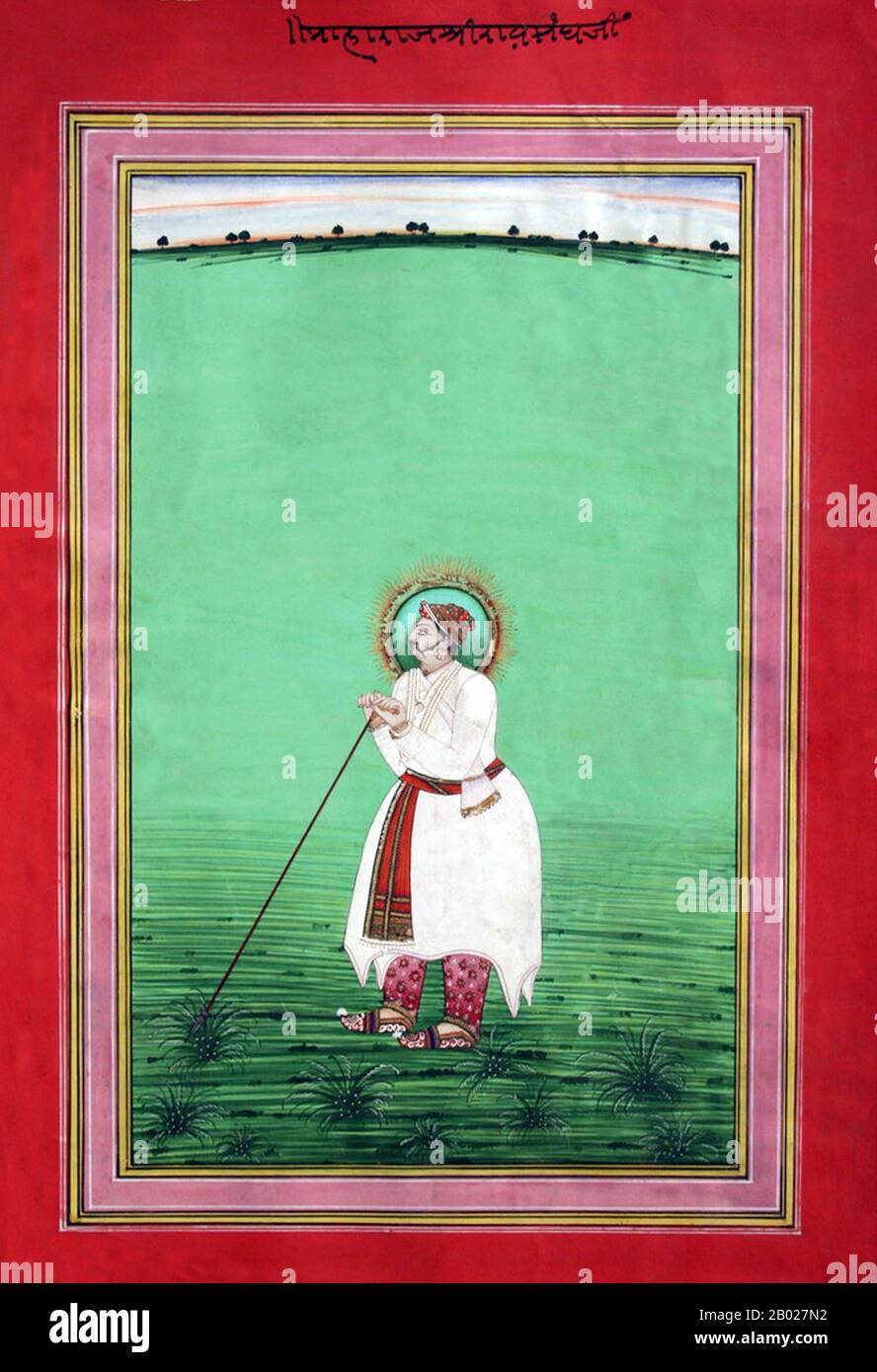 India: Rai Singh (20 luglio 1541 - 20 gennaio 1612), Maharaja di Bikaner, Rajasthan (r. 1571-1612). Pittura ad acquerello in miniatura, c. 1890. Bikaner è una città nel nord-ovest dello stato del Rajasthan, nel nord dell'India. Si trova a 330 km (205 miglia) a nord-ovest della capitale dello stato, Jaipur. Bikaner City è la sede amministrativa del distretto di Bikaner e della divisione di Bikaner. In precedenza era la capitale dello stato principesco di Bikaner. La città è stata fondata nel 1486 e dalle sue piccole origini si è sviluppata nella quinta città più grande del Rajasthan. Foto Stock