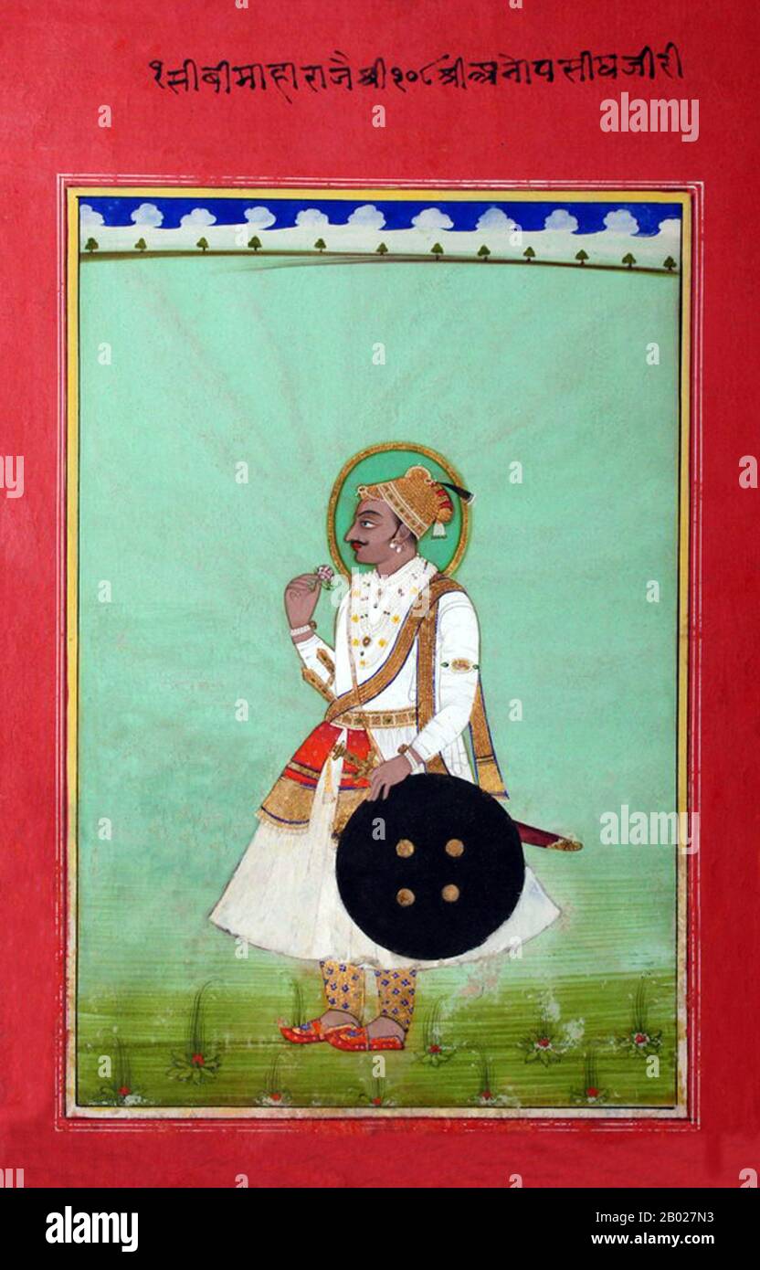 India: Anup Singh (1638-1698), maharaja di Bikaner, Rajasthan (r. 1669-1698). Pittura ad acquerello in miniatura, c. 1852. Bikaner è una città nel nord-ovest dello stato del Rajasthan, nel nord dell'India. Si trova a 330 chilometri (205 miglia) a nord-ovest della capitale dello stato, Jaipur. Bikaner City è la sede amministrativa del distretto di Bikaner e della divisione di Bikaner. In precedenza era la capitale dello stato principesco di Bikaner. La città è stata fondata nel 1486 e dalle sue piccole origini si è sviluppata nella quinta città più grande del Rajasthan. Foto Stock