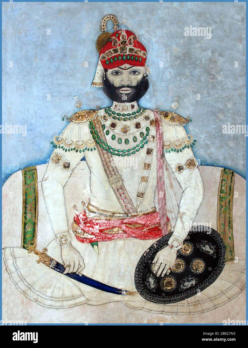 India: Maharao Raja Shri Sir Raghubir Singh Sahib Bahadur di Bundi, Rajasthan (21 settembre 1869 - 26 luglio 1927), basato su una fotografia del 1890, c. 1890 Bundi è una città con 101.000 abitanti (2011) nella regione di Hadoti nello stato del Rajasthan nel nord-ovest dell'India. È di particolare interesse architettonico per le sue fortificazioni, i palazzi e i bacini dei gradini conosciuti come baoris. È la sede amministrativa del distretto di Bundi. La città di Bundi si trova a 35 km da Kota e a 210 km da Jaipur. La città si trova vicino a una stretta gola ed è circondata su tre lati da colline della catena dell'Aravalli. Foto Stock