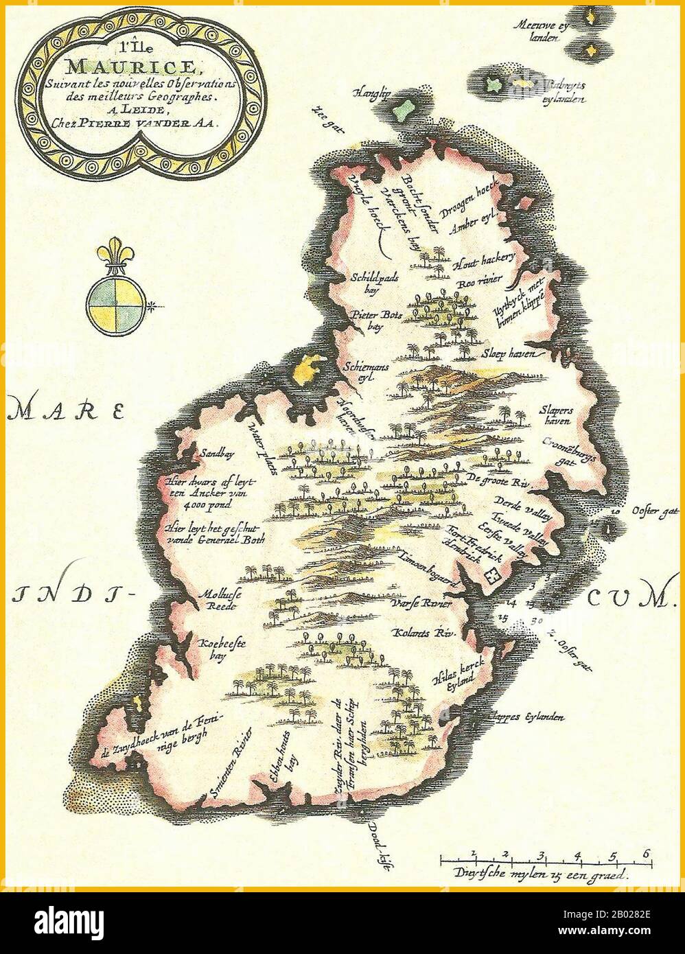 Mauritius/Paesi Bassi: "L'isola di Mauritius". Incisione di una mappa di Pieter van der AA (1659-1733), Leida, c. 1700. Mauritius fu un insediamento ufficiale della compagnia olandese delle Indie Orientali sull'isola di Mauritius tra il 1638 e il 1710, e fu utilizzata come stazione rinfrescante per le navi di passaggio. Era già frequentata dalle navi olandesi dal 1598 in poi, ma si stabilì solo nel 1638, per impedire ai francesi e agli inglesi di stabilirsi sull'isola. Foto Stock