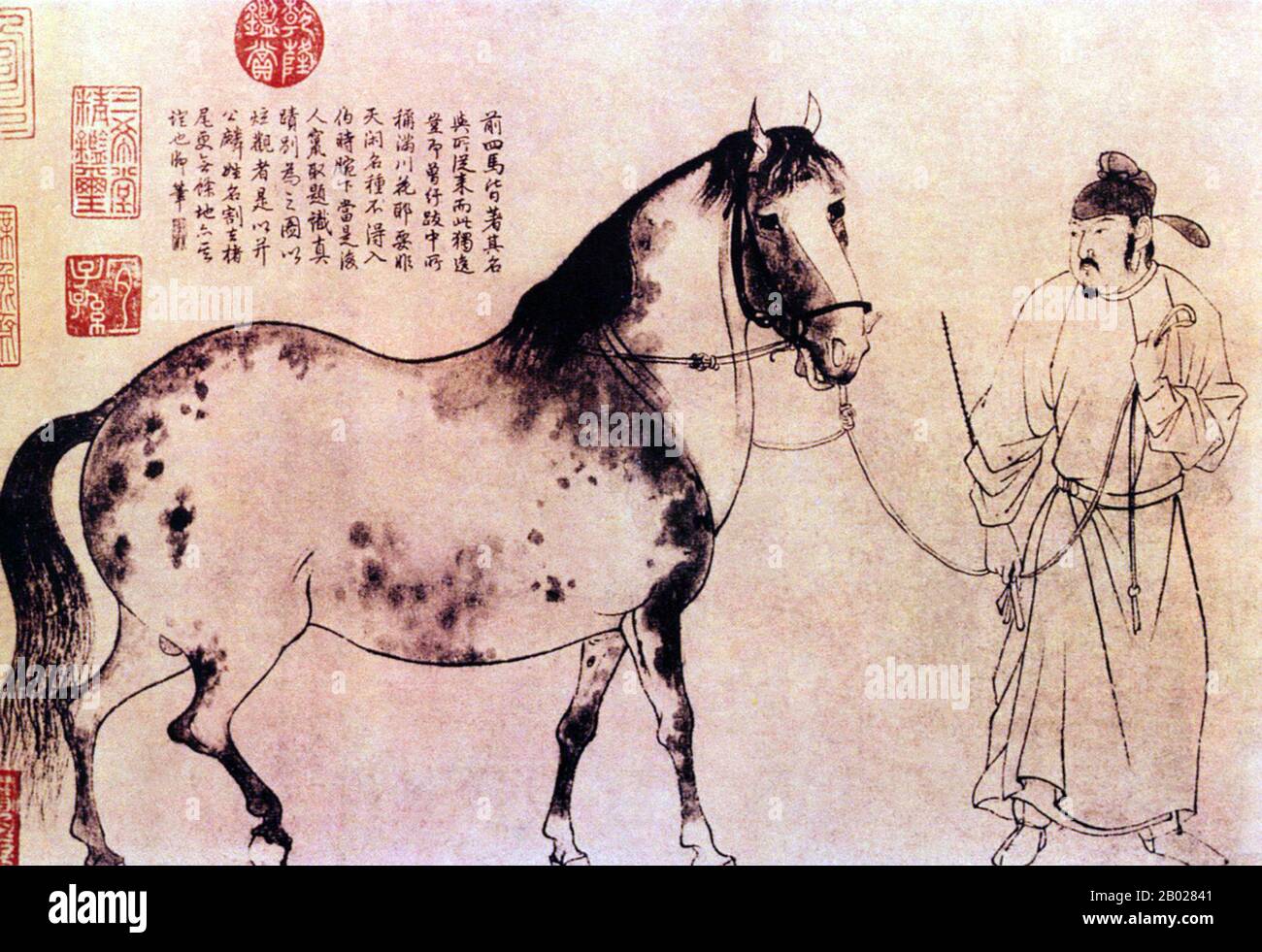 Cina: Tributo a cavallo e sposo da un dipinto a pergamena di li Gonglin (1049-1106), fine XI secolo. Li Gonglin, nome di stile Boshi, pseudonimo Longmian Jushi (padrone di casa del drago addormentato), è stato un pittore, ufficiale civile e archeologo cinese della dinastia Song settentrionale. Nato in una casa accademica vicino a quella che è l'odierna città di Lu'an, li Gonglin superò il più alto livello di esami di servizio civile a 21 anni e divenne un ufficiale civile. Divenne famoso per i suoi dipinti di cavalli, poi si rivolse alla pittura religiosa buddista e taoista, così come ai ritratti e ai paesaggi. Foto Stock