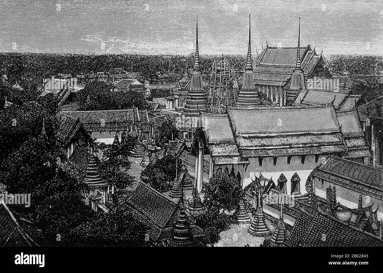 Thailandia: Wat Pho (Tempio del Buddha sdraiato) a Bangkok, incisione del XIX secolo. Originariamente costruito nel XVI secolo, Wat Pho (nome ufficiale Wat Phra Chettuphon Wimon Mangkhlaram Ratchaworamahawihan) è il tempio più antico di Bangkok. Re Rama i della dinastia Chakri (1736-1809) ricostruì il tempio negli anni '1780 Ufficialmente chiamato Wat Phra Chetuphon, è uno dei templi buddisti più noti di Bangkok ed è oggi una delle principali attrazioni turistiche, situato direttamente a sud del Grand Palace. Il Wat Pho è famoso per il suo Buddha sdraiato ed è rinomato come la casa del tradizionale massaggio tailandese. Foto Stock