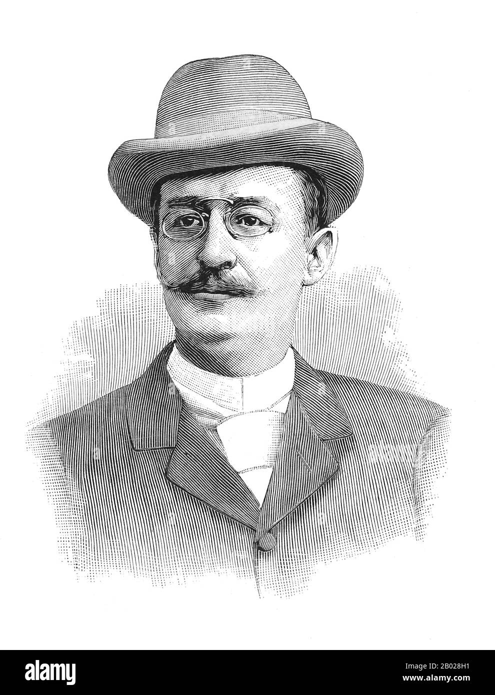 Svezia: Sven Hedin (19 febbraio 1865 - 26 novembre 1952), esploratore svedese dell'Asia centrale. Litografia ritratto, 1898. Sven Anders Hedin è stato un geografo, topografo, esploratore, fotografo, scrittore di viaggi e illustratore svedese delle sue opere. Durante quattro spedizioni in Asia centrale, scoprì la Transhimalaya (un tempo chiamata catena Hedin in suo onore) e le sorgenti dei fiumi Brahmaputra, Indo e Sutlej, il lago Lop Nur, e i resti di città, siti di sepolture e la grande Muraglia cinese nei deserti del bacino del Tarim. Foto Stock