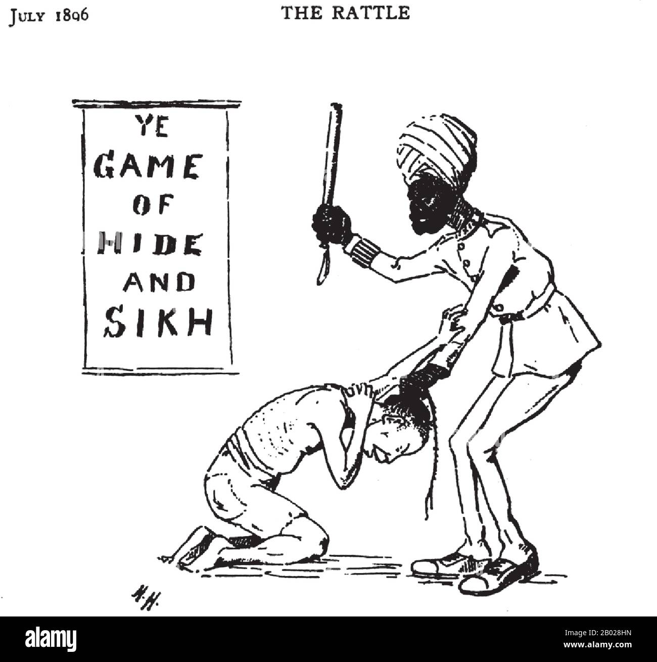 Cina: "YE Game of Hide and Sikh". A cartoon from 'The Rattle' di Henry William Goodenough Hayter (1862-1915), Shanghai, luglio 1896. In un chiaro caso di "dividere e conquistare”, i britannici notoriamente - infamamente dal punto di vista cinese - hanno usato il poliziotto sikh per controllare, e spesso brutalizzare, i cittadini cinesi dei loro insediamenti coloniali dell'Estremo Oriente. Il risultato fu che i sikh furono associati all'aggressione e alla violenza nella visione del mondo cinese. Questa caricatura di "H.H." (non così) riassume piacevolmente i valori colonialisti e francamente razzisti coloniali britannici dell'epoca. Foto Stock