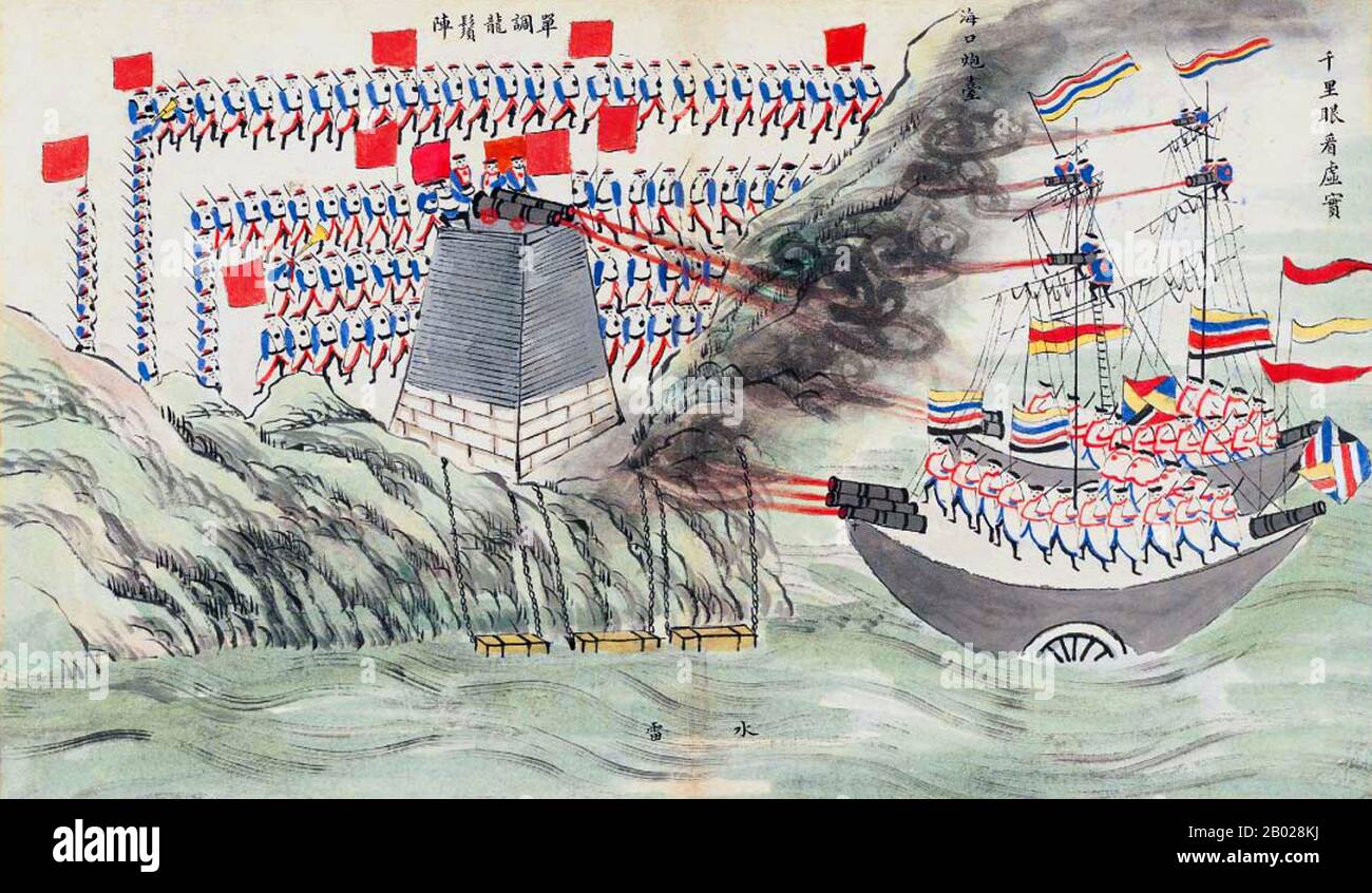 China: Chinese painting of a Naval Battle scene at the Dagu or Taku Forts, Second Opium War, 1859. I forti di Taku o forti di Dagu (pinyin: Dàgū Pàotái; letteralmente "batterie di Taku"), chiamati anche forti di Peiho (pinyin: Báihé Diāobǎo) sono forti situati presso l'estuario del fiume hai (fiume Peiho), nel distretto di Tanggu, municipalità di Tianjin, nel nord-est della Cina. Si trovano a 60 km a sud-est del centro urbano di Tianjin. Nel 1856, i soldati cinesi salirono a bordo della "Arrow", una nave di proprietà cinese registrata a Hong Kong battente bandiera britannica e sospettata di pirateria. Foto Stock