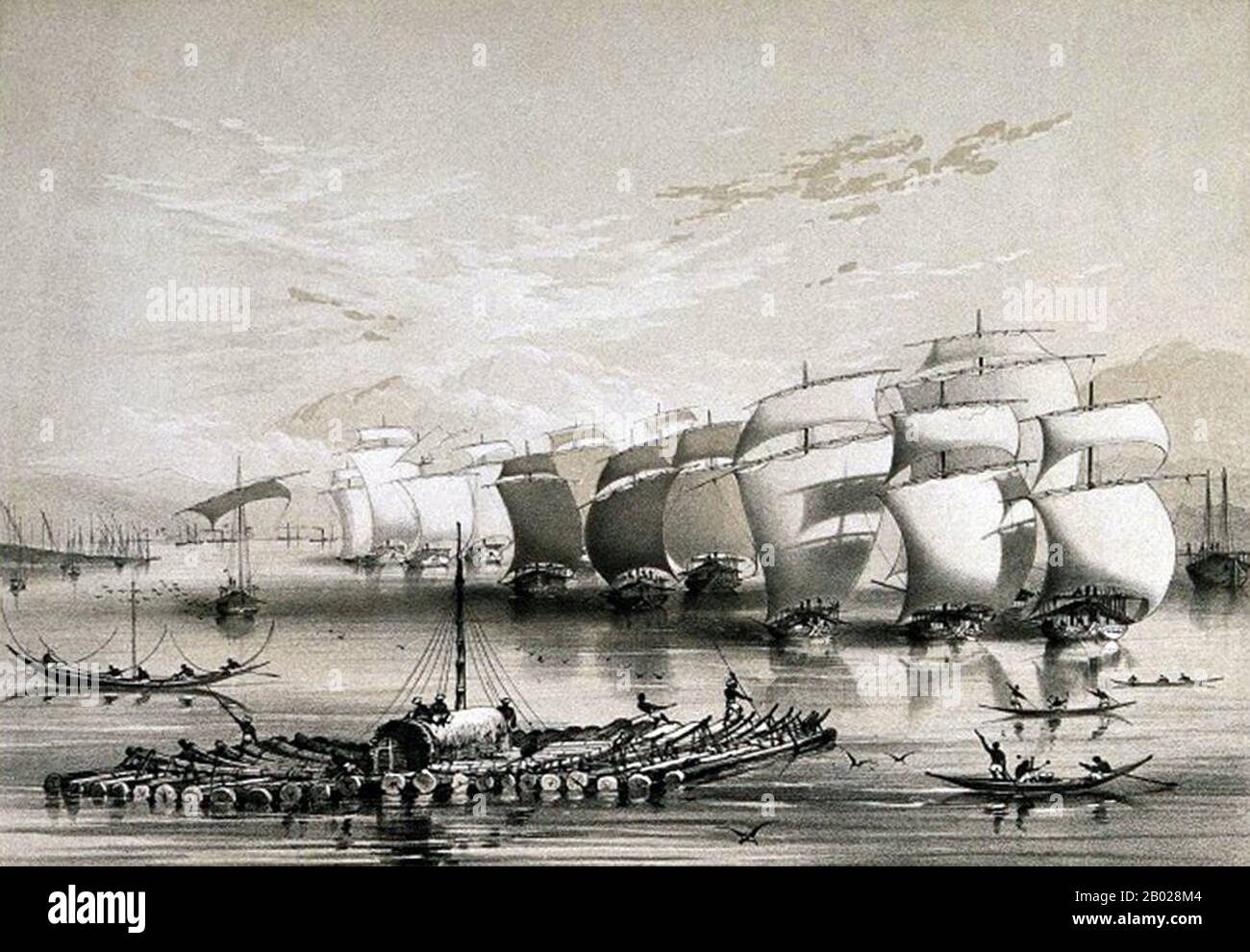 India: "La flotta dell'oppio, scendendo il Gange in rotta per Calcutta". Litografia di Walter Stanhope Sherwill, 1851. Nel 1773, la compagnia britannica delle Indie Orientali ottenne il monopolio sull'oppio indiano, principalmente per l'esportazione in Cina il papavero da oppio, Papaver somniferum, è la specie di pianta da cui vengono estratti l'oppio e i semi di papavero. L'oppio è la fonte di molti oppiacei, tra cui morfina, tebaina, codeina, papaverina, e noscapina. Il nome botanico latino significa "papavero che porta il sonno", riferendosi alle proprietà sedative di alcuni di questi oppiacei. Foto Stock