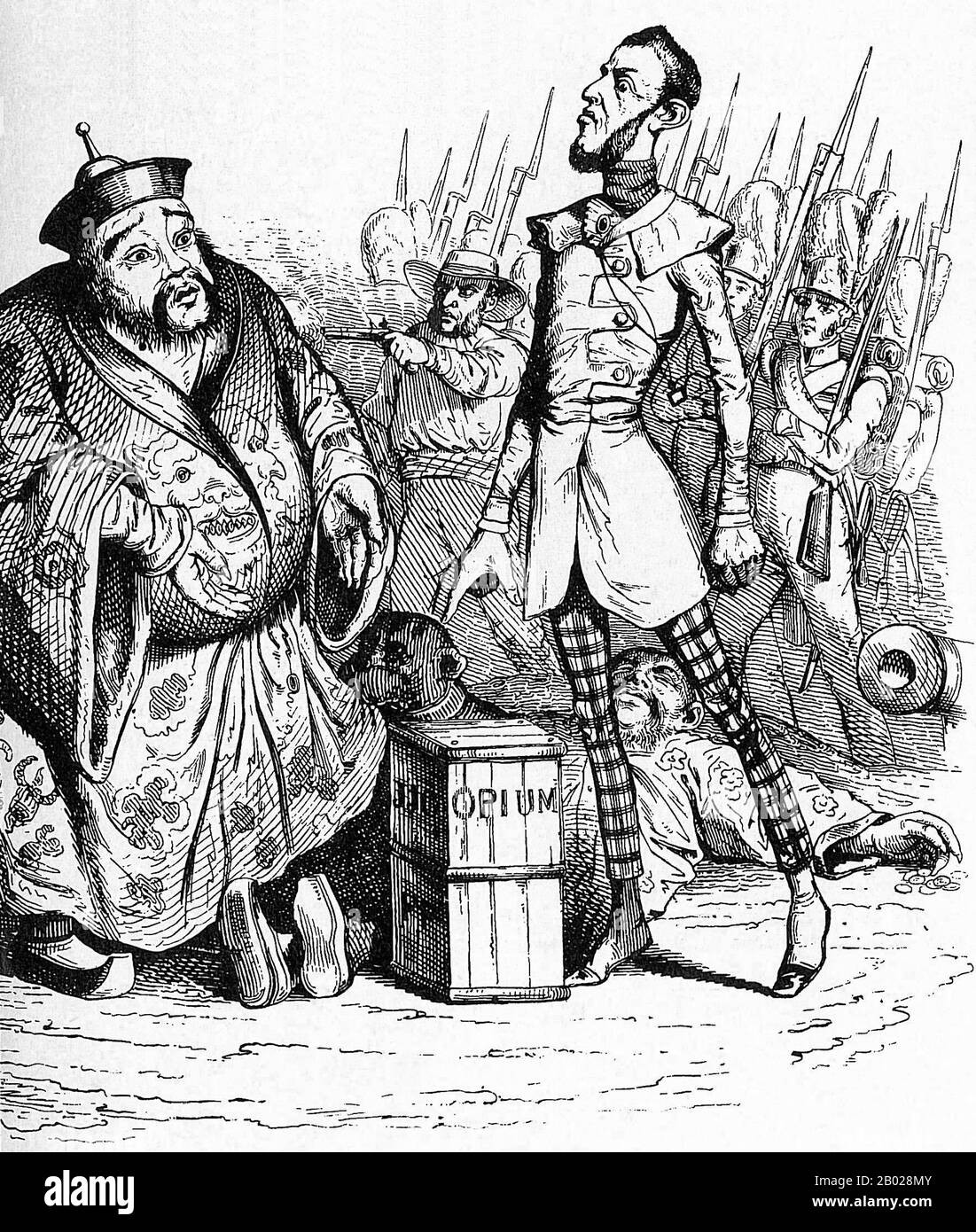Cina: Un cartone animato francese illustra quella che credeva essere l'ipocrisia degli inglesi che costringono una Cina riluttante a comprare il suo oppio. Tratto satirico da 'Charivari' di Jean Ignace Isidore Gérard Grandville (1803-1847), 1840. La prima guerra anglo-cinese (1839-1842), nota popolarmente come prima guerra dell'oppio o semplicemente guerra dell'oppio, fu combattuta tra il Regno Unito e la dinastia Qing della Cina per i loro punti di vista contrastanti sulle relazioni diplomatiche, sul commercio e sull'amministrazione della giustizia. Foto Stock