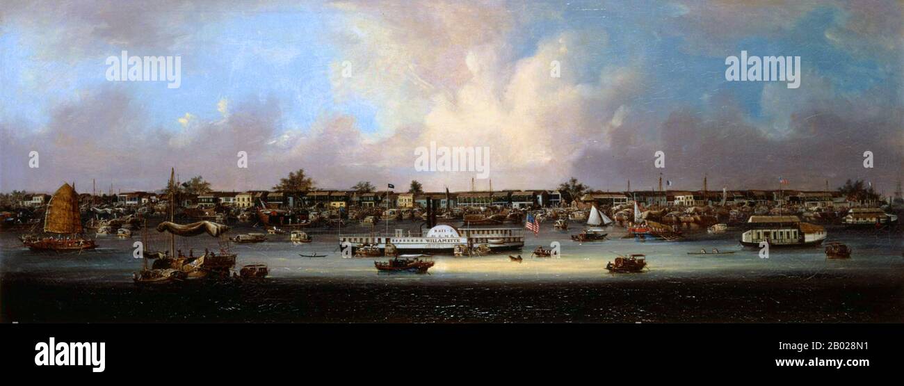 Cina: Godowns sull'isola di Honam, Delta del fiume delle Perle, al momento della seconda guerra dell'oppio (1856-1860). Pittura a olio su tela, c. 1857-1861. La seconda guerra dell'oppio, la seconda guerra anglo-cinese, la seconda guerra cinese, la guerra con la freccia o la spedizione anglo-francese in Cina, fu una guerra che vide l'Impero britannico e il secondo Impero francese contro la dinastia Qing cinese, durata dal 1856 al 1860. Foto Stock