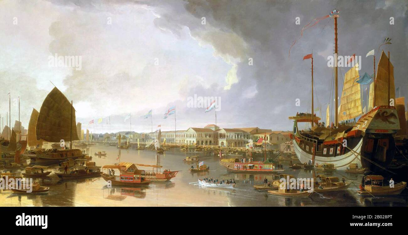 Cina: "A View of the European Facilities at Canton". Pittura a olio su tela di William Daniell (1769-1837), fine XVIII - inizio XIX secolo. Factory era il termine inglese per indicare il sistema di stazioni commerciali originariamente istituito dagli europei in territori stranieri, prima all'interno di diversi stati dell'Europa medievale, e più tardi nei loro possedimenti coloniali. Le fabbriche servivano contemporaneamente come mercato, magazzino, dogana, difesa e supporto alla navigazione o esplorazione, sede o governo de facto delle comunità locali, con il capo della fabbrica chiamato fattore. Foto Stock