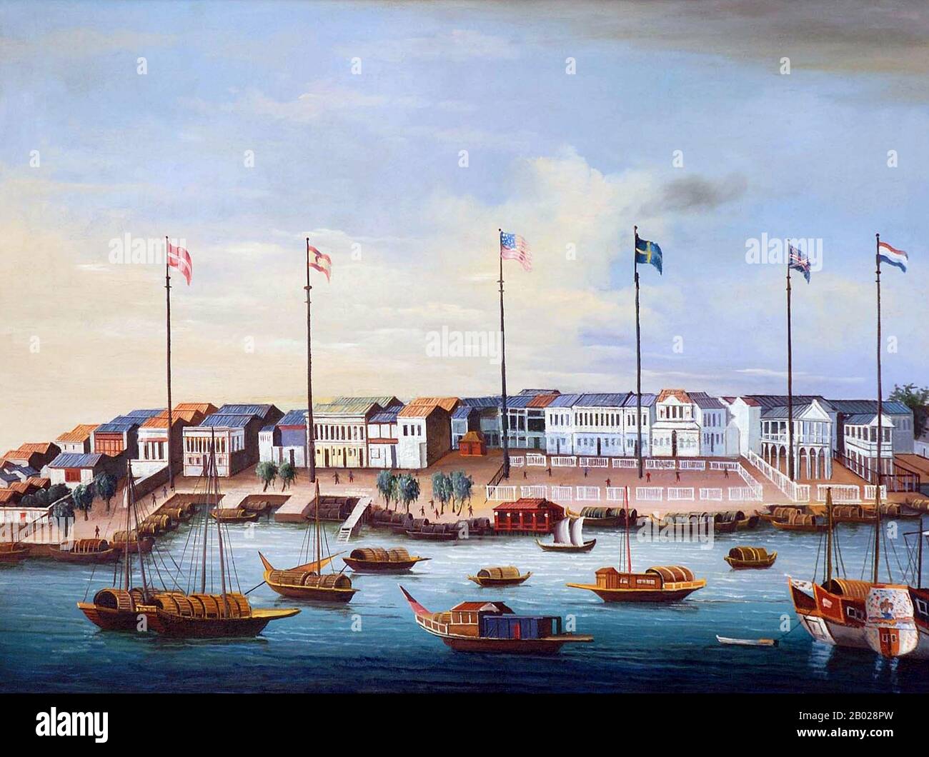 Cina: "The Hongs at Canton". Pittura a olio su tela di un artista sconosciuto, c. 1820. Sono mostrate le tredici fabbriche di Guangzhou, con le bandiere di Danimarca, Spagna, Stati Uniti, Svezia, Regno Unito e Paesi Bassi visibili. Factory era il termine inglese per indicare il sistema di stazioni commerciali originariamente istituito dagli europei in territori stranieri, prima all'interno di diversi stati dell'Europa medievale, e più tardi nei loro possedimenti coloniali. Le fabbriche servivano contemporaneamente come mercato, magazzino, dogana, difesa e supporto alla navigazione o esplorazione, sede o governo de facto delle comunità locali. Foto Stock
