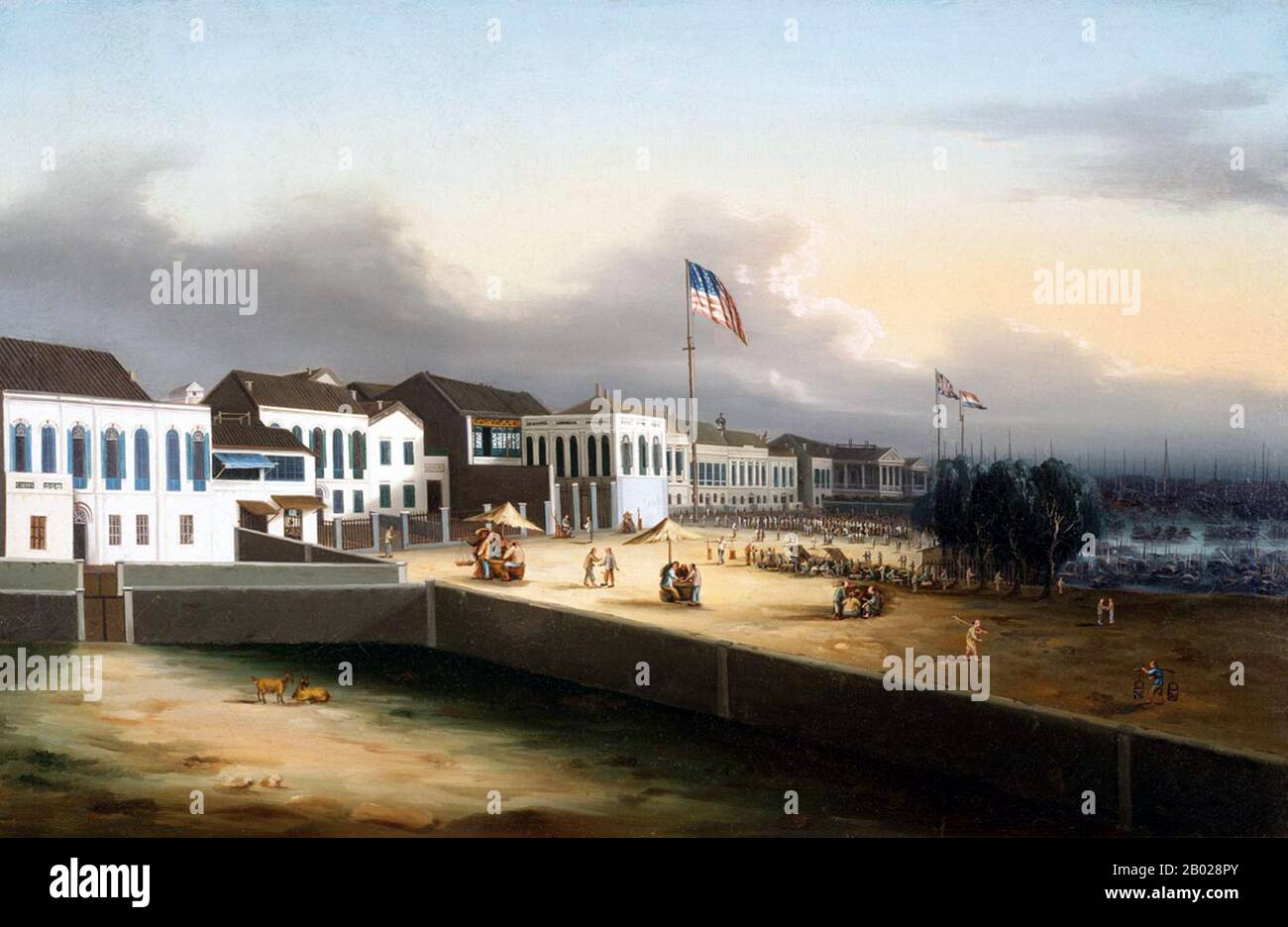 Cina: "View of the Foreign Facilities, Canton, 1825-1835". Pittura a olio su tela di Lam Qua (1801-1860), c. 1825-1835. Factory era il termine inglese per indicare il sistema di stazioni commerciali originariamente istituito dagli europei in territori stranieri, prima all'interno di diversi stati dell'Europa medievale, e più tardi nei loro possedimenti coloniali. Le fabbriche servivano contemporaneamente come mercato, magazzino, dogana, difesa e supporto alla navigazione o esplorazione, sede o governo de facto delle comunità locali, con il capo della fabbrica chiamato fattore. Foto Stock