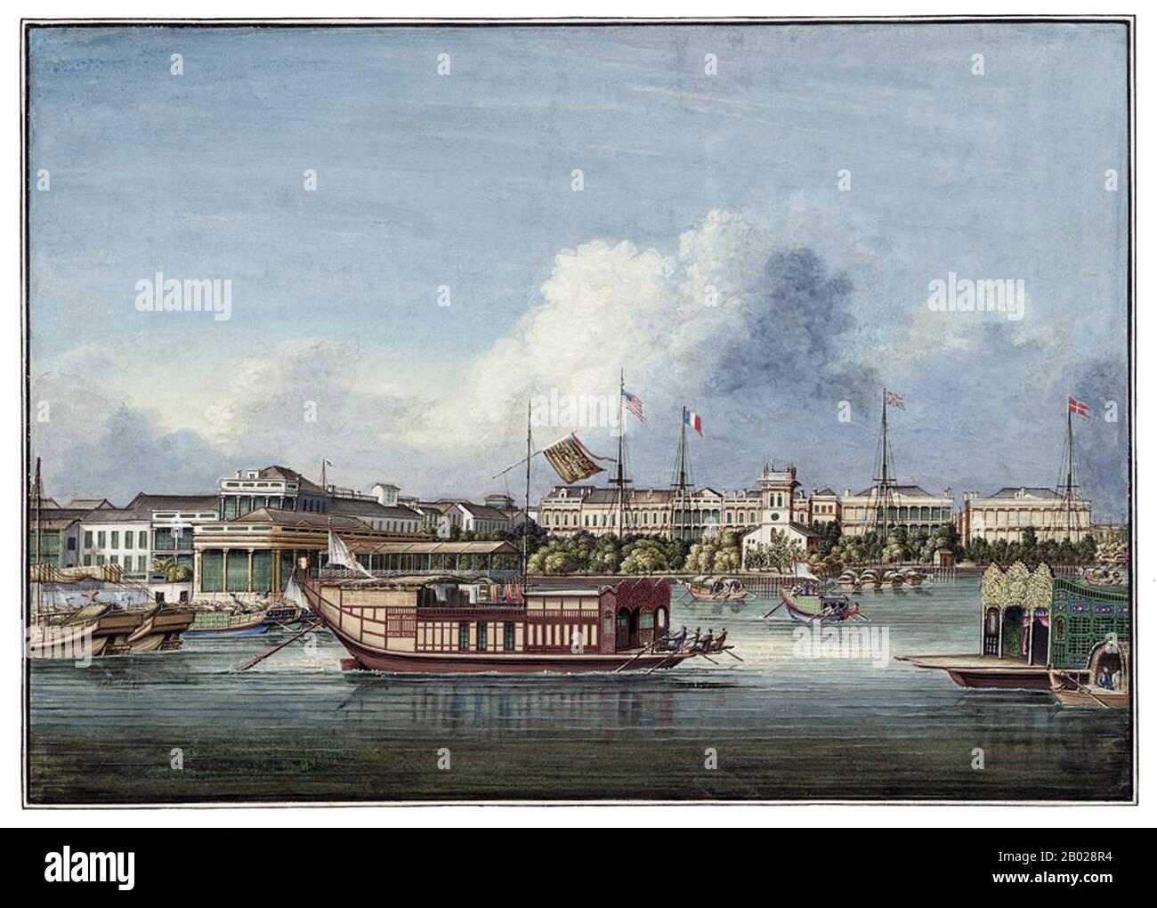 Cina: "The Hongs or Foreign Facilities by the Pearl River in Canton". Gouache su pergamena di un anonimo pittore tedesco, c. 1850. Factory era il termine inglese per indicare il sistema di stazioni commerciali originariamente istituito dagli europei in territori stranieri, prima all'interno di diversi stati dell'Europa medievale, e più tardi nei loro possedimenti coloniali. Le fabbriche servivano contemporaneamente come mercato, magazzino, dogana, difesa e supporto alla navigazione o esplorazione, sede o governo de facto delle comunità locali, con il capo della fabbrica chiamato fattore. Foto Stock