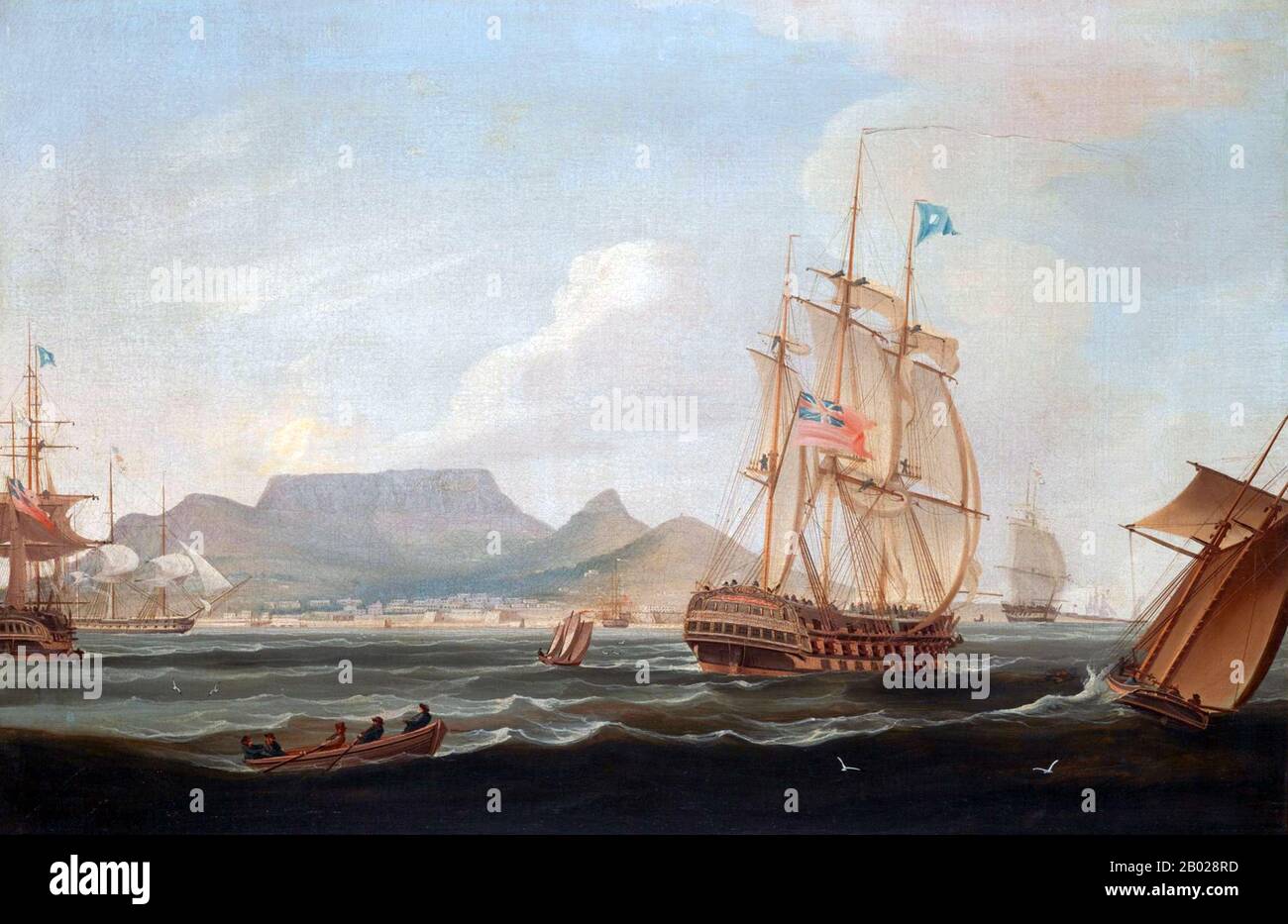 Regno Unito/Sud Africa/India/Cina: "The East Indiaman 'Lowther Castle' al largo di città del Capo, Sud Africa". Dipinto a olio su tela di William John Huggins (1781-1845), 1819. East Indiaman era un nome generale per ogni nave che operava sotto licenza o licenza a una qualsiasi delle compagnie delle principali potenze commerciali europee del XVII e XIX secolo. Così si può parlare di danese, olandese, inglese, francese, portoghese o svedese. Gli inglesi (più tardi britannici) East Indiamen di solito correvano tra l'Inghilterra, il Capo di buona speranza in Sud Africa e India. Foto Stock
