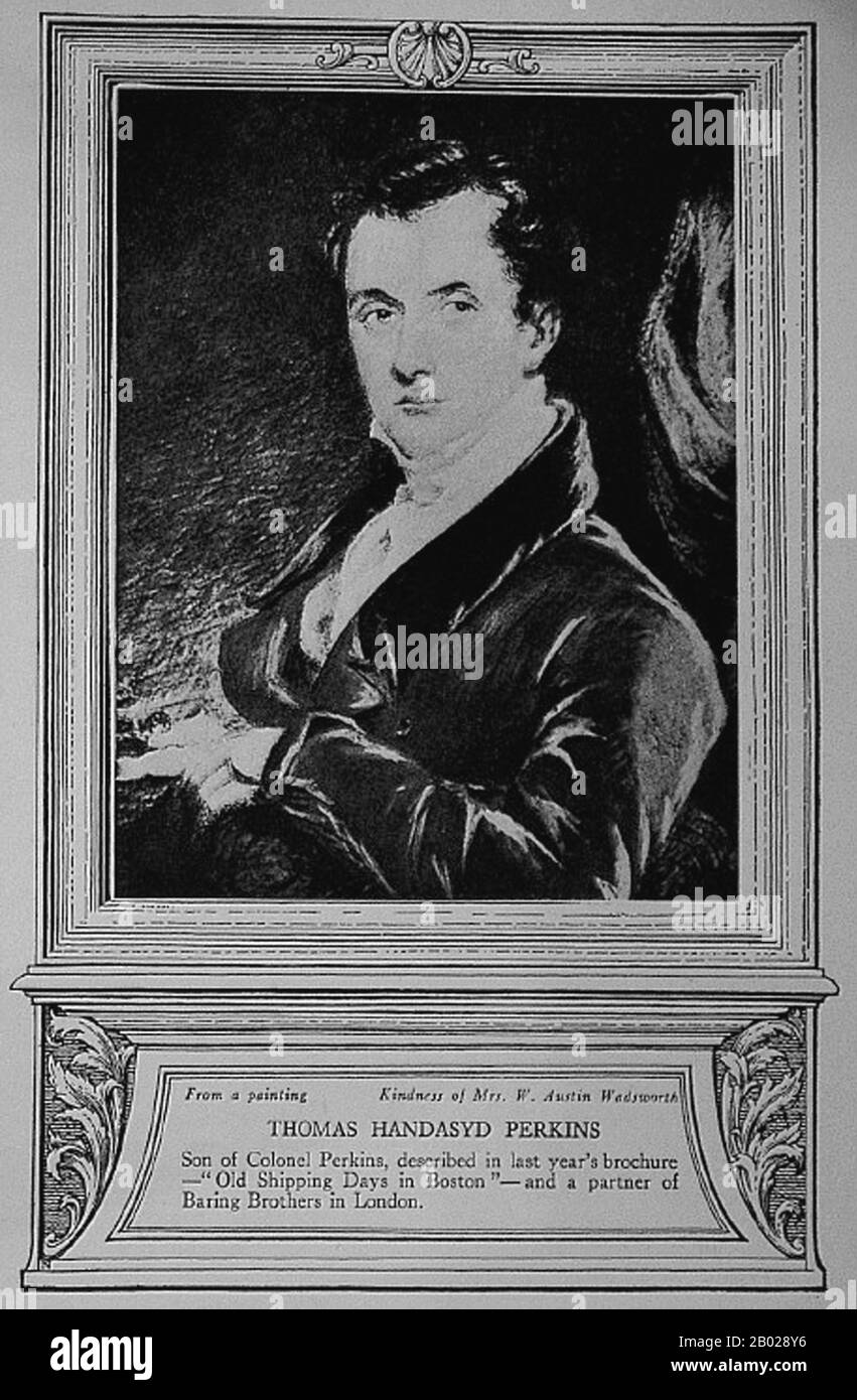 USA/Cina: Colonnello Thomas Handasyd Perkins, o T. H. Perkins (15 dicembre 1764 - 11 gennaio 1854), ricco mercante di Boston, commerciante di schiavi e spedizioniere di oppio nel commercio cinese. Incisione di un dipinto del XIX secolo. Thomas Handasyd Perkins era un commerciante di schiavi e contrabbandiere americano di una famiglia Brahmin di Boston. Commerciava schiavi a Saint-Domingue, lavorava come commerciante marittimo di pellicce dal nord-ovest americano alla Cina e contrabbandò oppio turco in Cina. Fu uno dei primi mercanti di Boston ad impegnarsi nel commercio della Cina, navigando per la prima volta a Canton nel 1789. Foto Stock