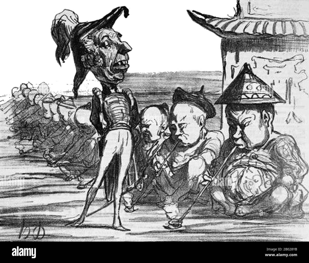 Francia/Cina: Commento satirico francese sulla seconda guerra dell'oppio. Xilografia di Honoré Daumier (1808-1879), 17 gennaio 1859. Passant la revue des fumeurs d'opium. (Histoire de faire aller le commerce.)". Traduzione: "Passare la revisione dei fumatori di oppio. (Storia del commercio)". La seconda guerra dell'oppio, la seconda guerra anglo-cinese, la seconda guerra cinese, la guerra con la freccia o la spedizione anglo-francese in Cina, fu una guerra che vide l'Impero britannico e il secondo Impero francese contro la dinastia Qing della Cina, durata dal 1856 al 1860. Foto Stock
