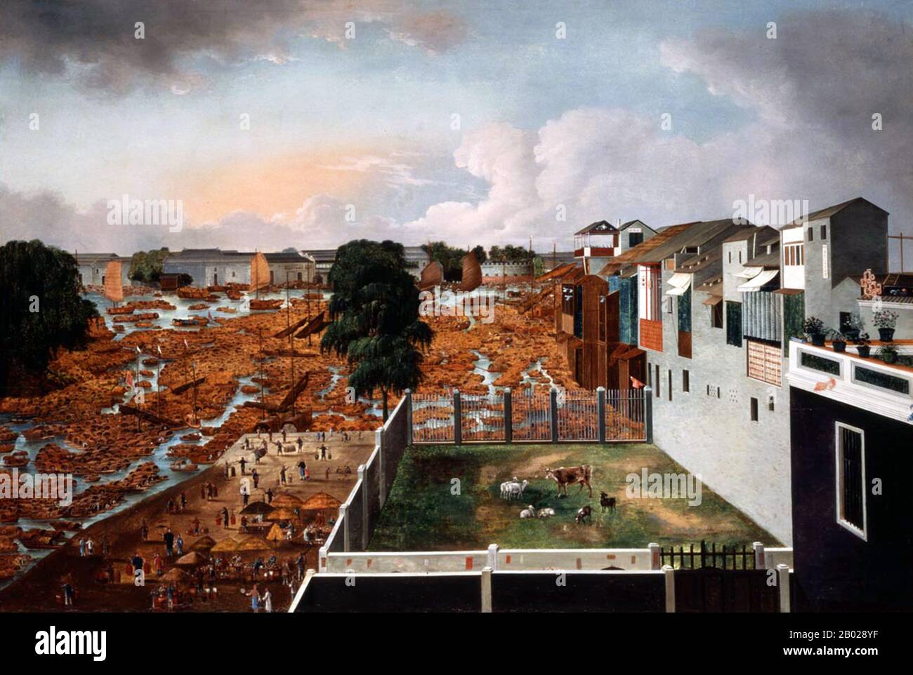 Cina: Una vista di Canton dalle fabbriche straniere. Pittura a olio su tela di un artista anonimo, c. 1825. Factory era il termine inglese per indicare il sistema di stazioni commerciali originariamente istituito dagli europei in territori stranieri, prima all'interno di diversi stati dell'Europa medievale, e più tardi nei loro possedimenti coloniali. Le fabbriche servivano contemporaneamente come mercato, magazzino, dogana, difesa e supporto alla navigazione o esplorazione, sede o governo de facto delle comunità locali, con il capo della fabbrica chiamato fattore. Foto Stock