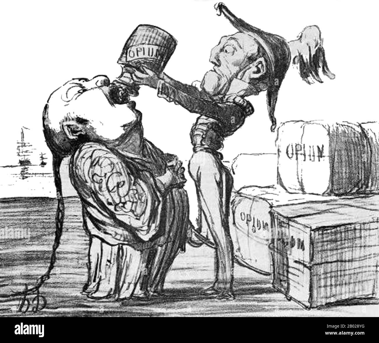 Francia/Cina: Commento satirico francese sulla seconda guerra dell'oppio. Xilografia di Honoré Daumier (1808-1879), 29 dicembre 1858. "Profitant de la circonstance, pour engager les Chinois á se payer pour deux cent Millions d'opium..." Traduzione: "Approfittando del momento, per ingaggiare i cinesi ad essere pagati duecento milioni in oppio...” La seconda guerra dell'oppio, la seconda guerra anglo-cinese, la seconda guerra cinese, la guerra con la freccia, o la spedizione anglo-francese in Cina, fu una guerra che vide l'Impero britannico e il secondo Impero francese contro la dinastia Qing cinese, durata dal 1856-1860 Foto Stock